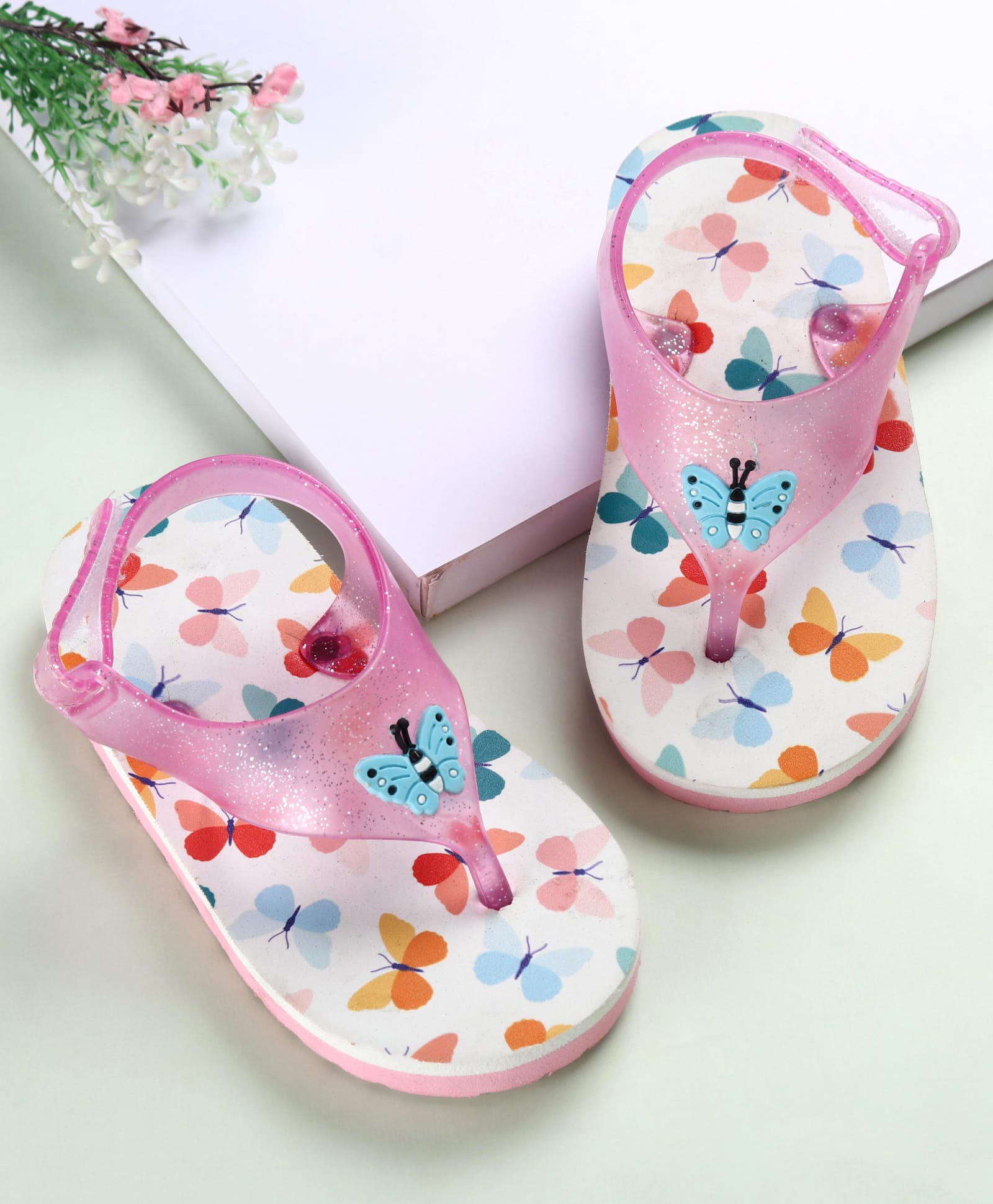 Babyoye Velcro Closure Flip Flops With Butterfly Print -White & Pink-image-40