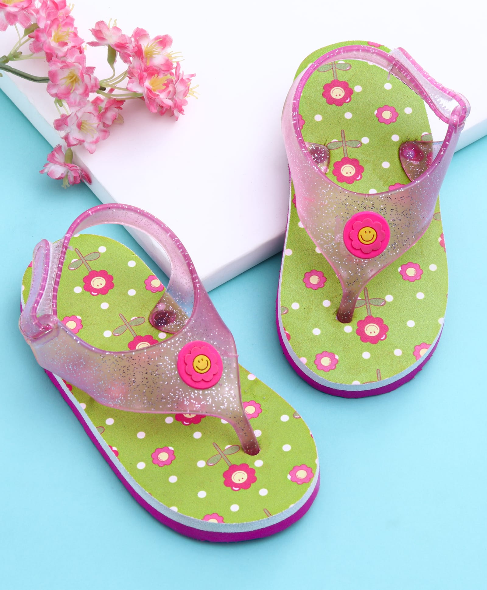 Babyoye Velcro Closure Flip Flops with Smiley Applique & Floral Print - Pink-image-38