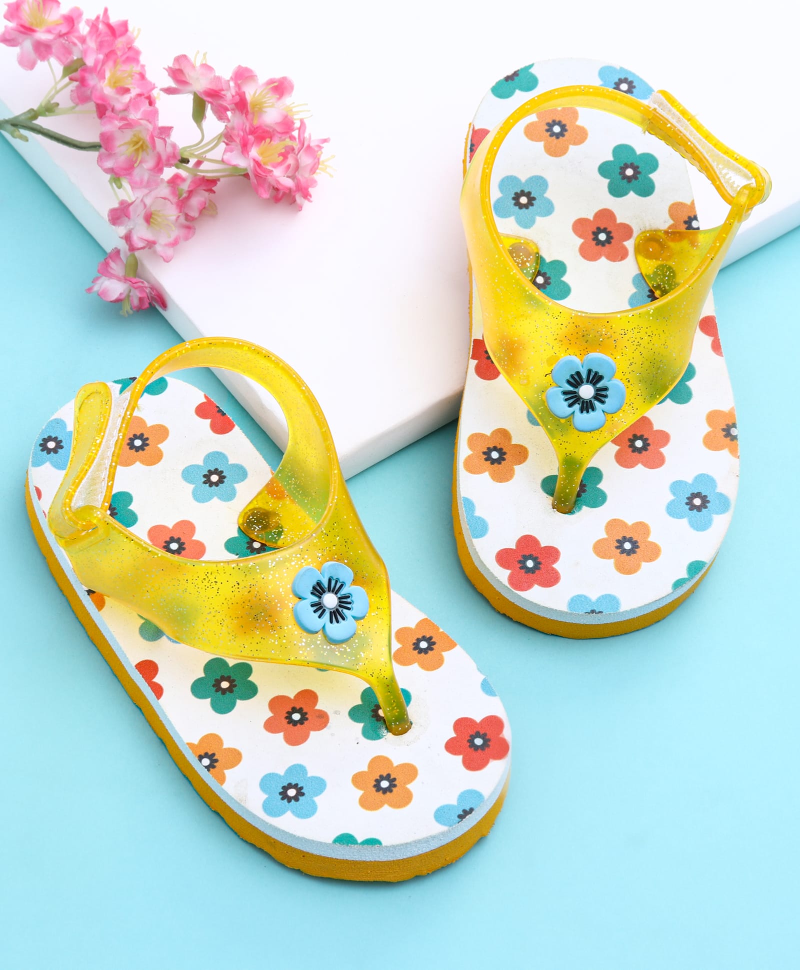 Babyoye Velcro Closure Flip Flops with Floral Applique & Print - White & Yellow-picture-22