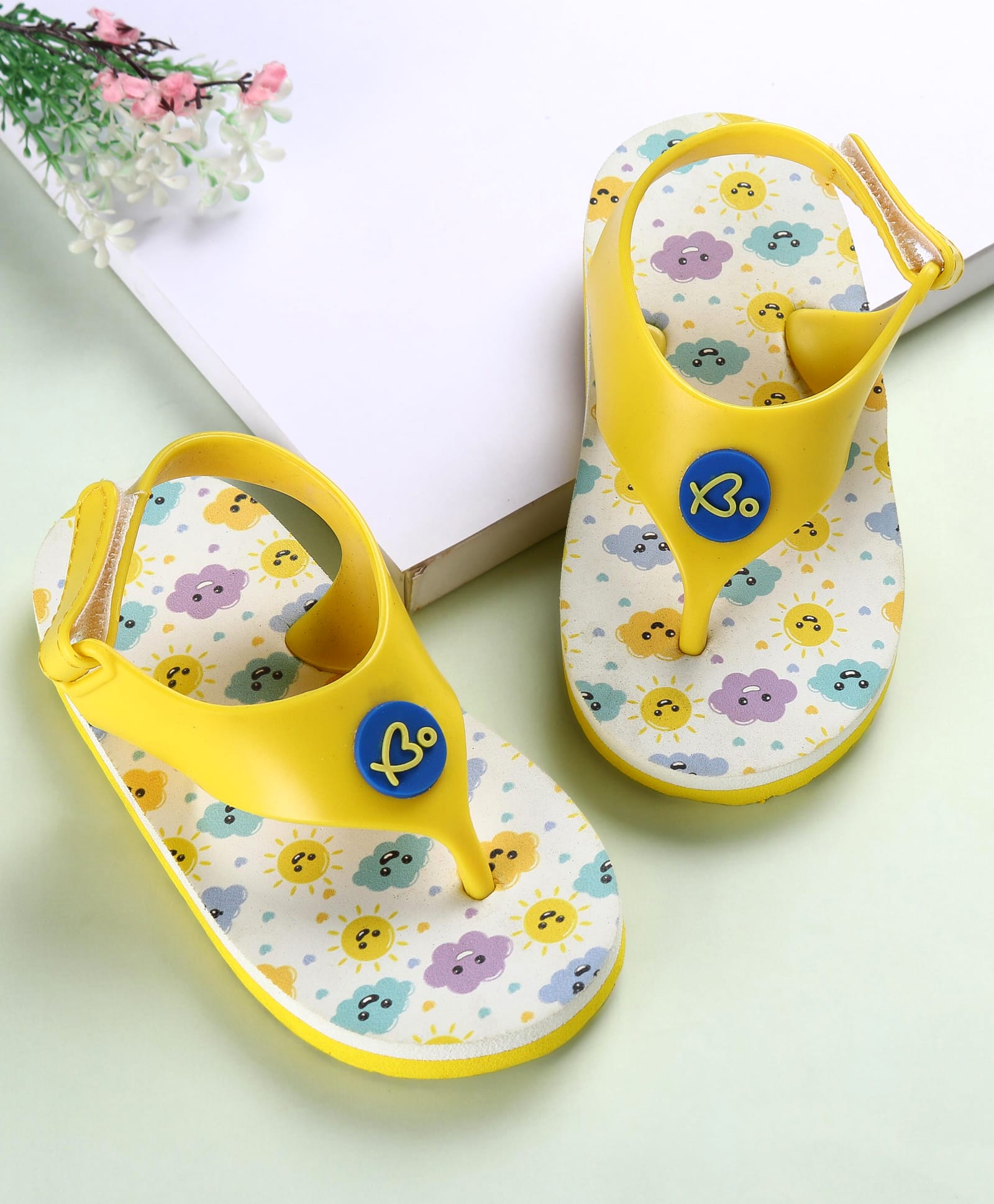 Babyoye Velcro Closure Flip Flops With Cloud Print -White & Yellow-image-36