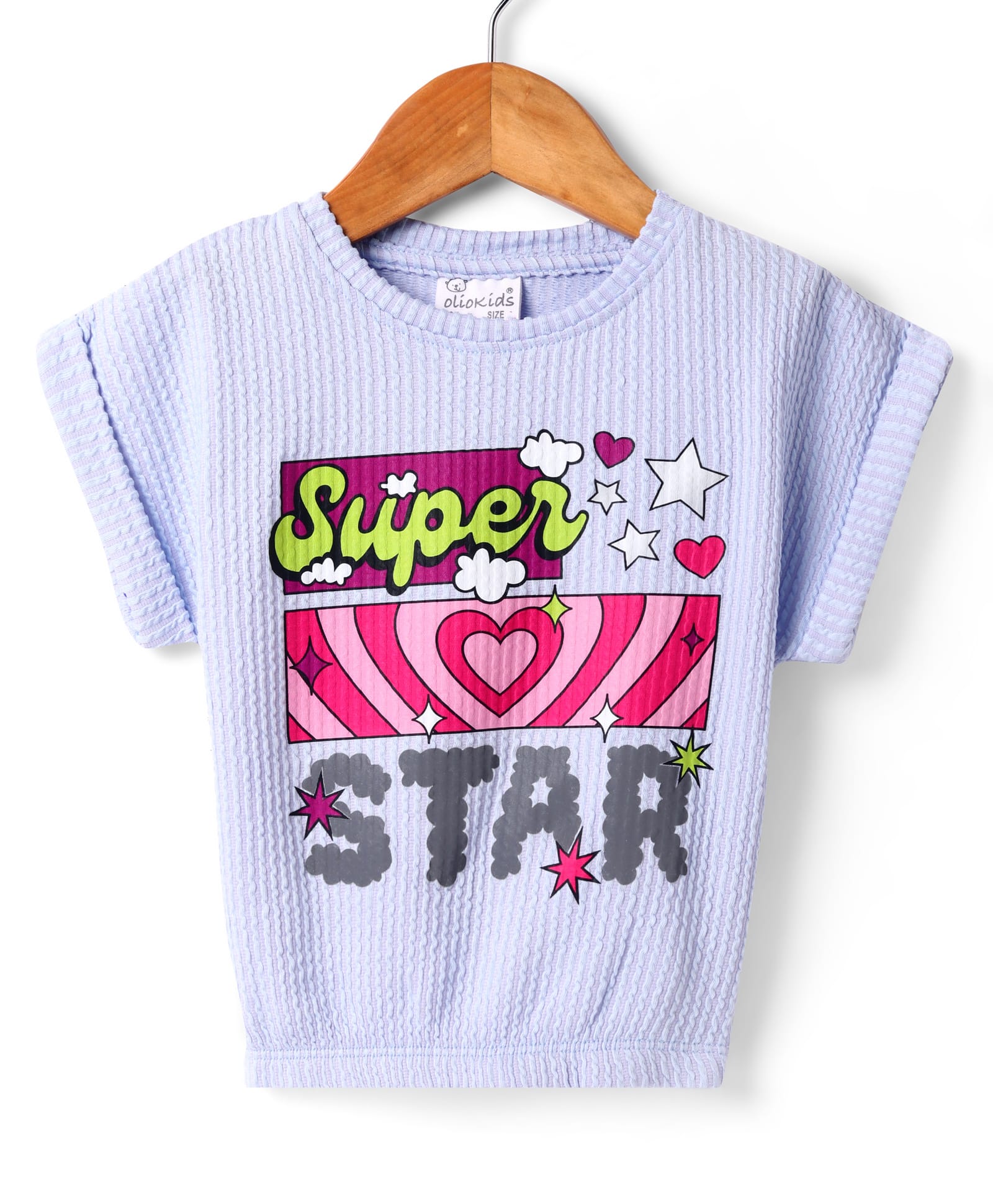 Olio Kids Cotton Knit Half Sleeves Textured Top with Text Print - Light Blue-picture-32