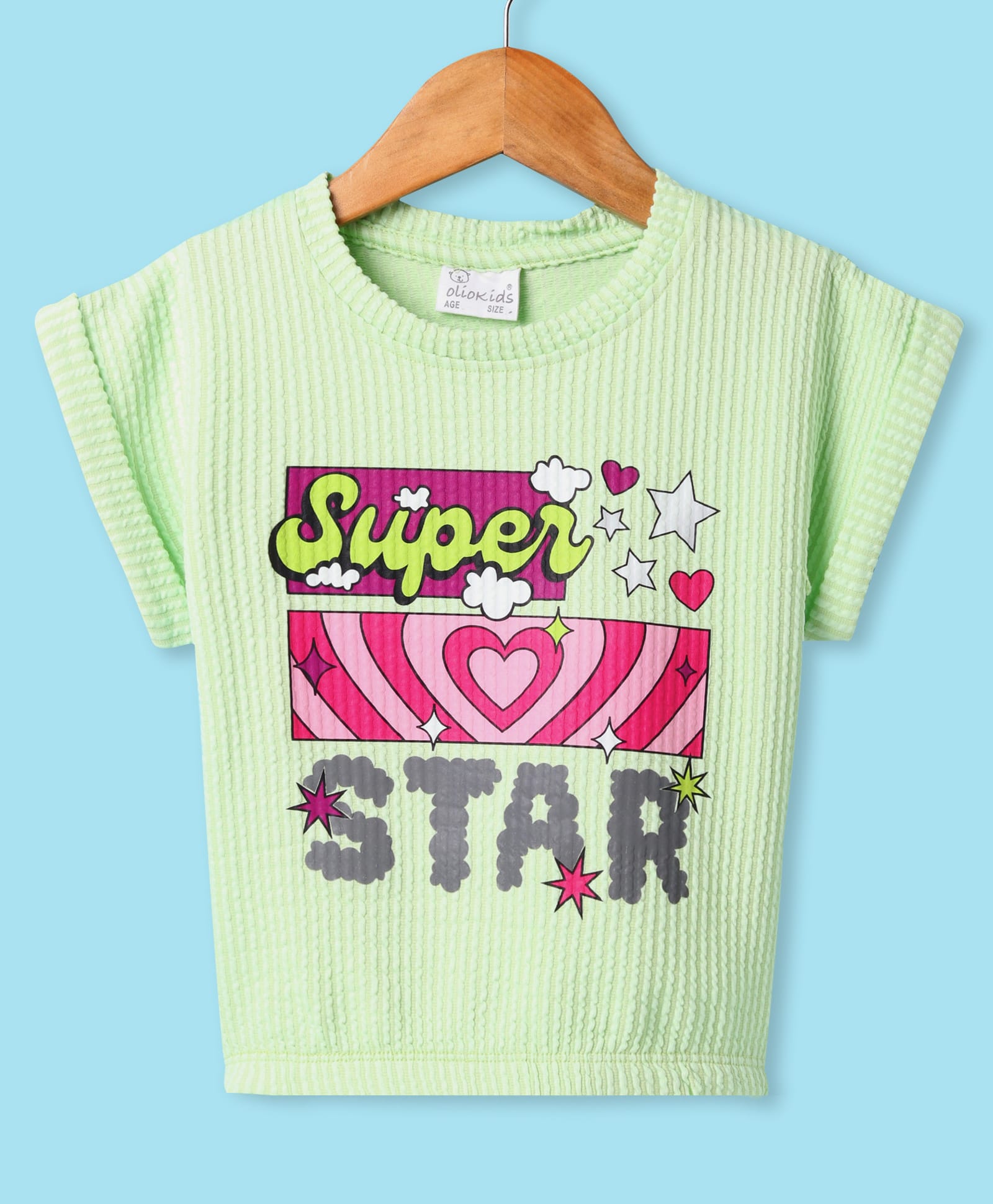 Olio Kids Cotton Knit Half Sleeves Textured Top with Text Print - Light Green-picture-13