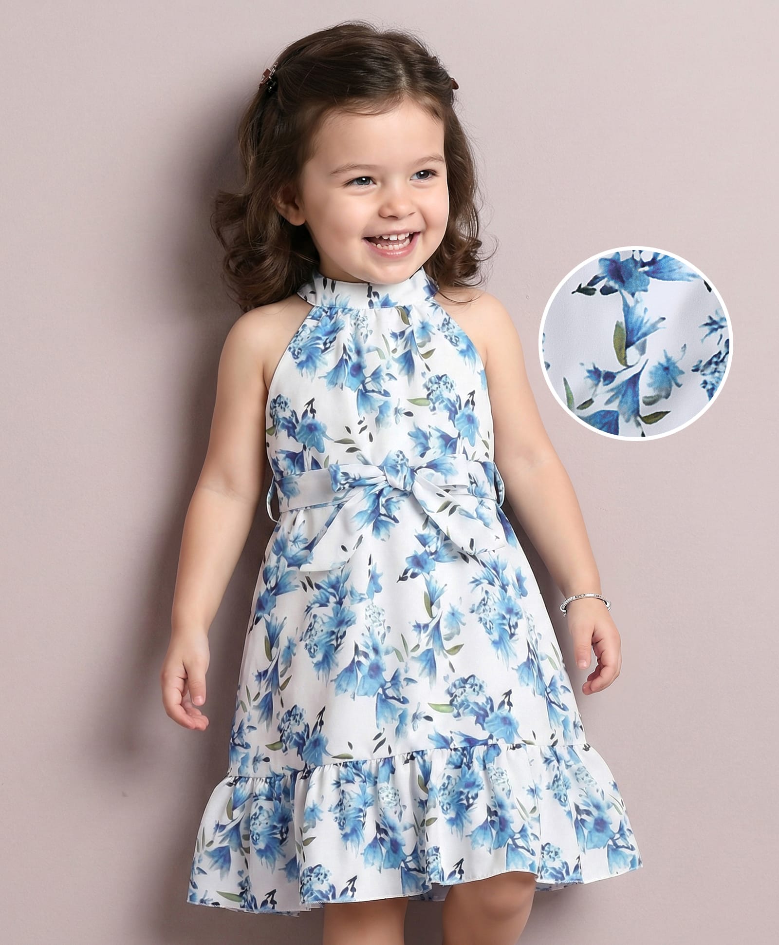 Mark & Mia Sleeveless Frock & Fabric Belt with Floral Print - Blue & White