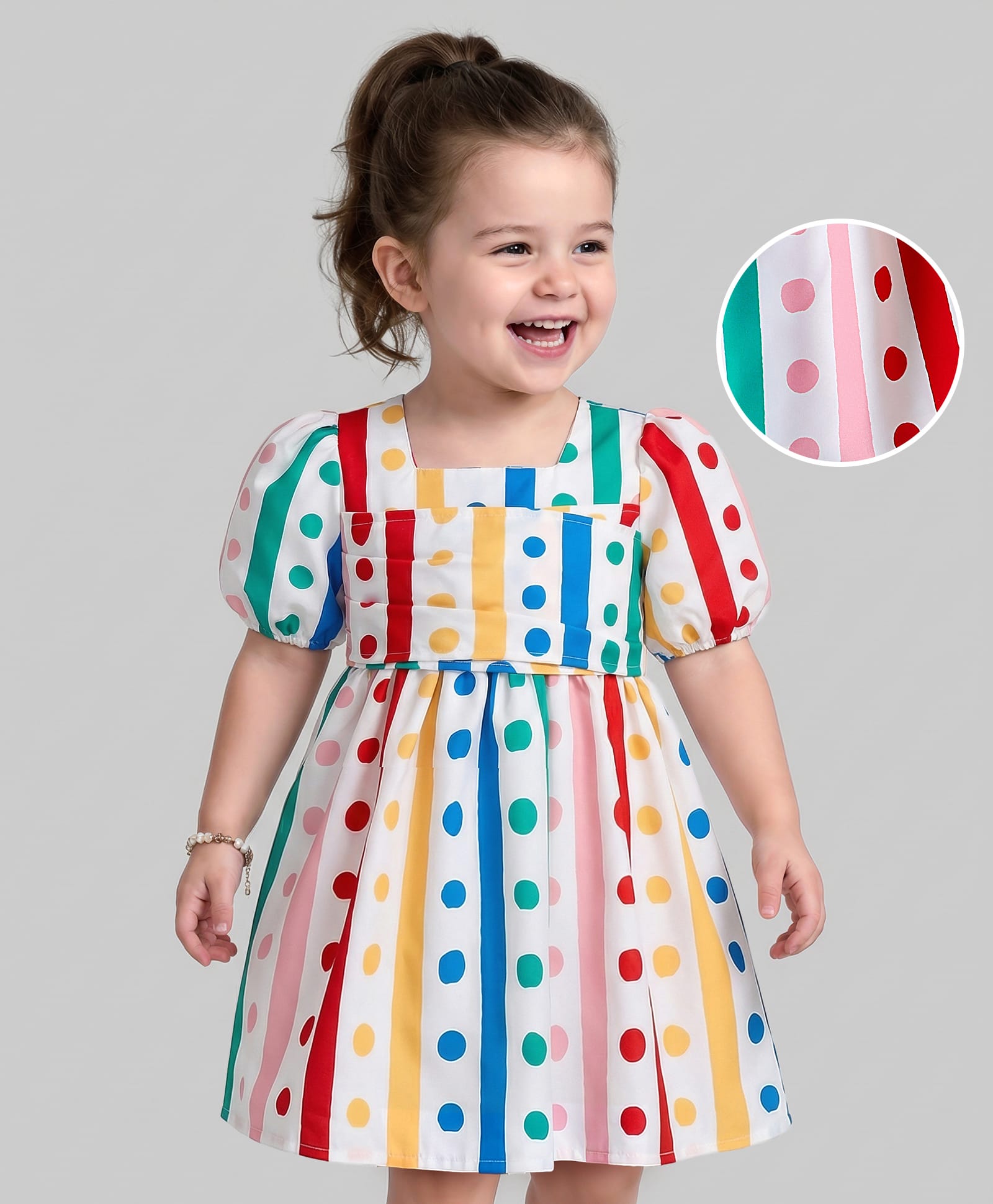 Mark & Mia Cotton Half Puffed Sleeves Frock with Polka Dots Print & Stripes - White