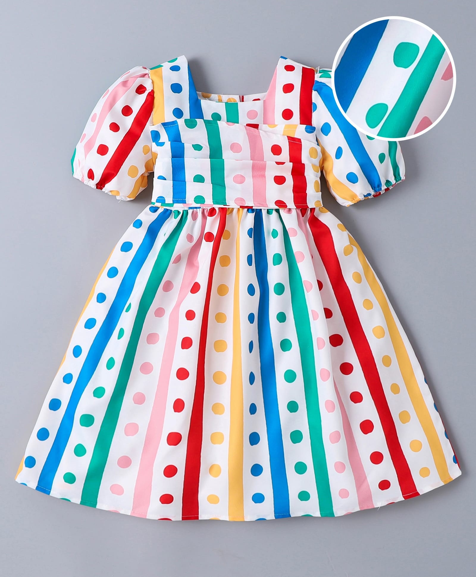 Mark & Mia Cotton Half Puffed Sleeves Frock with Polka Dots Print & Stripes - White