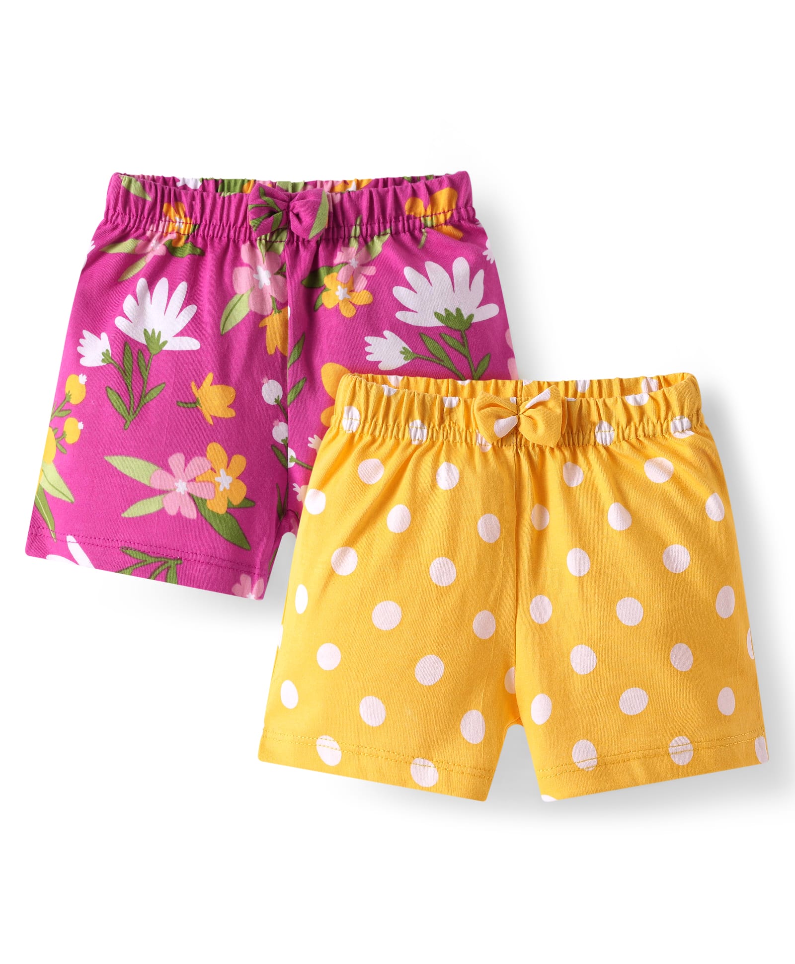 Babyhug Cotton Knit Mid Thigh Floral & Polka Dots Printed Shorts with Bow Applique Pack of 2 - Yellow & Pink-image-35