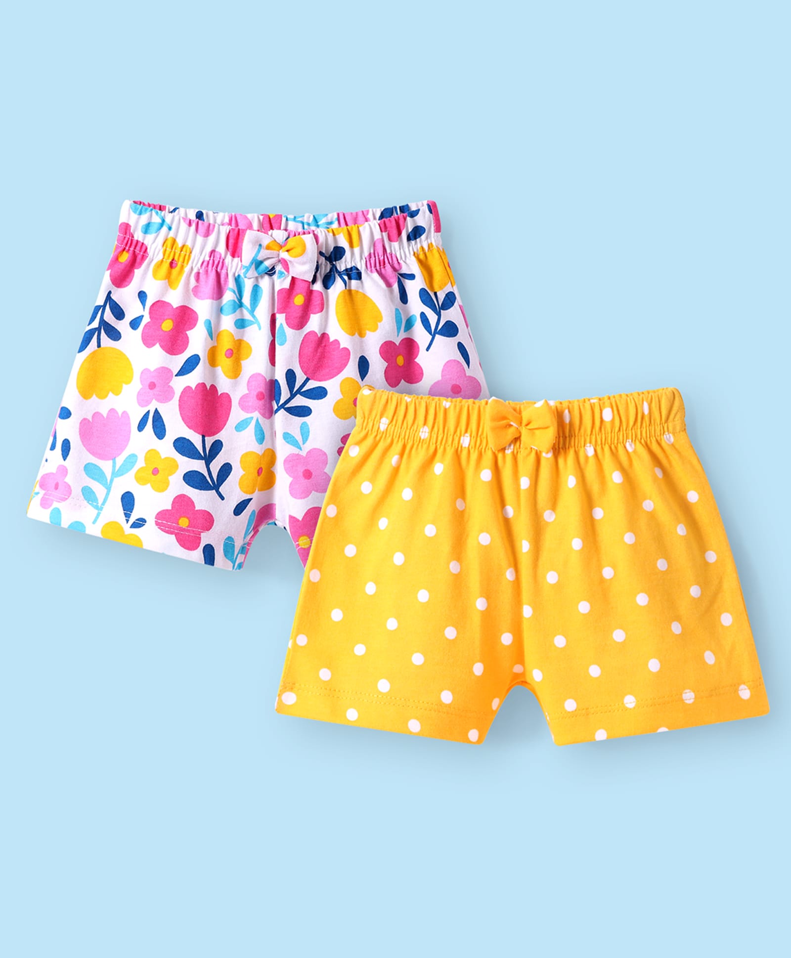 Babyhug Single Jersey Knit Mid Thigh Shorts with Polka Dot & Floral Print Pack of 2 - Yellow & White-picture-20