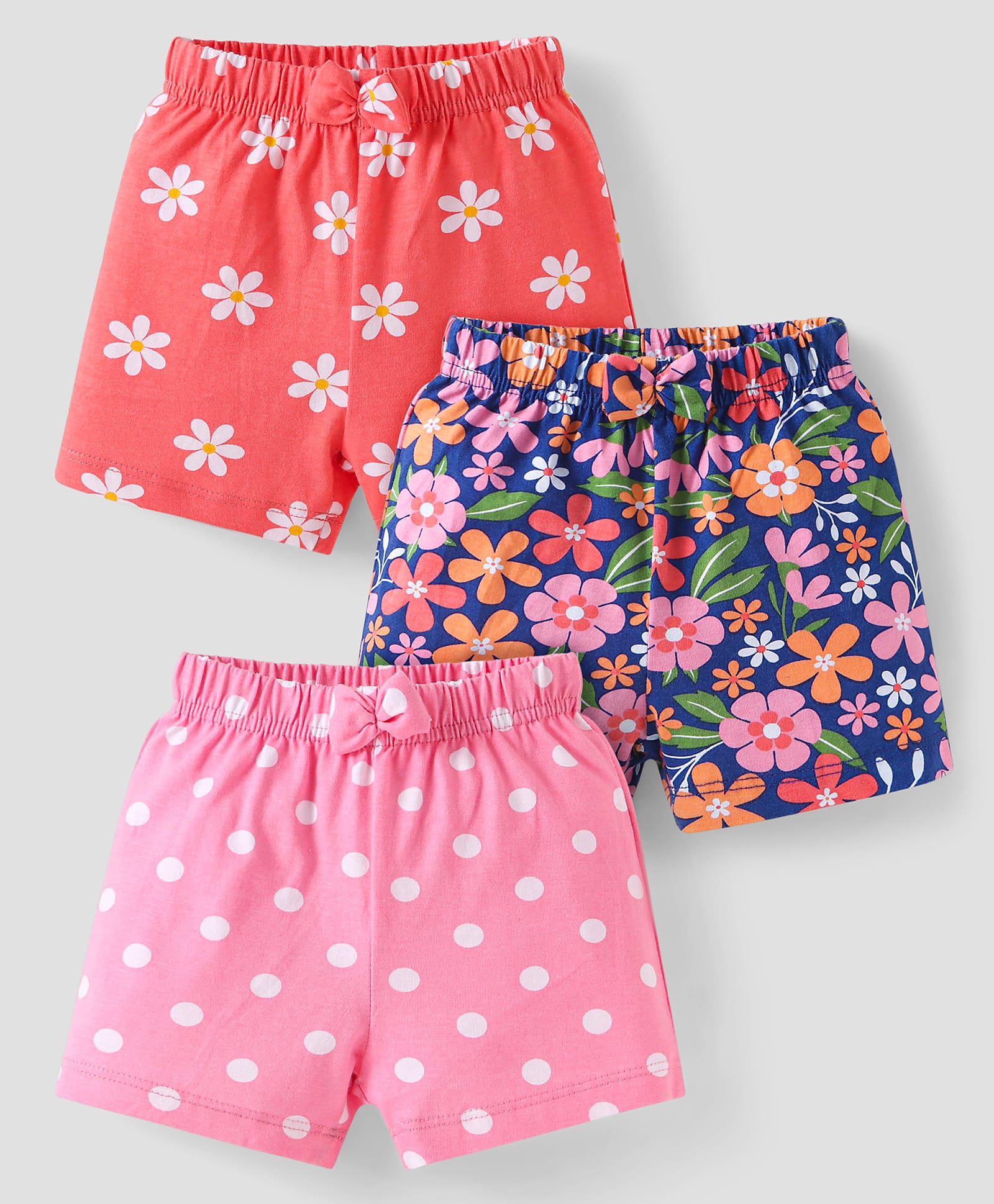 Babyhug Single Jersey Knit Mid Thigh Shorts Floral Print Pack of 3 - Pink Navy & Orange-image-34