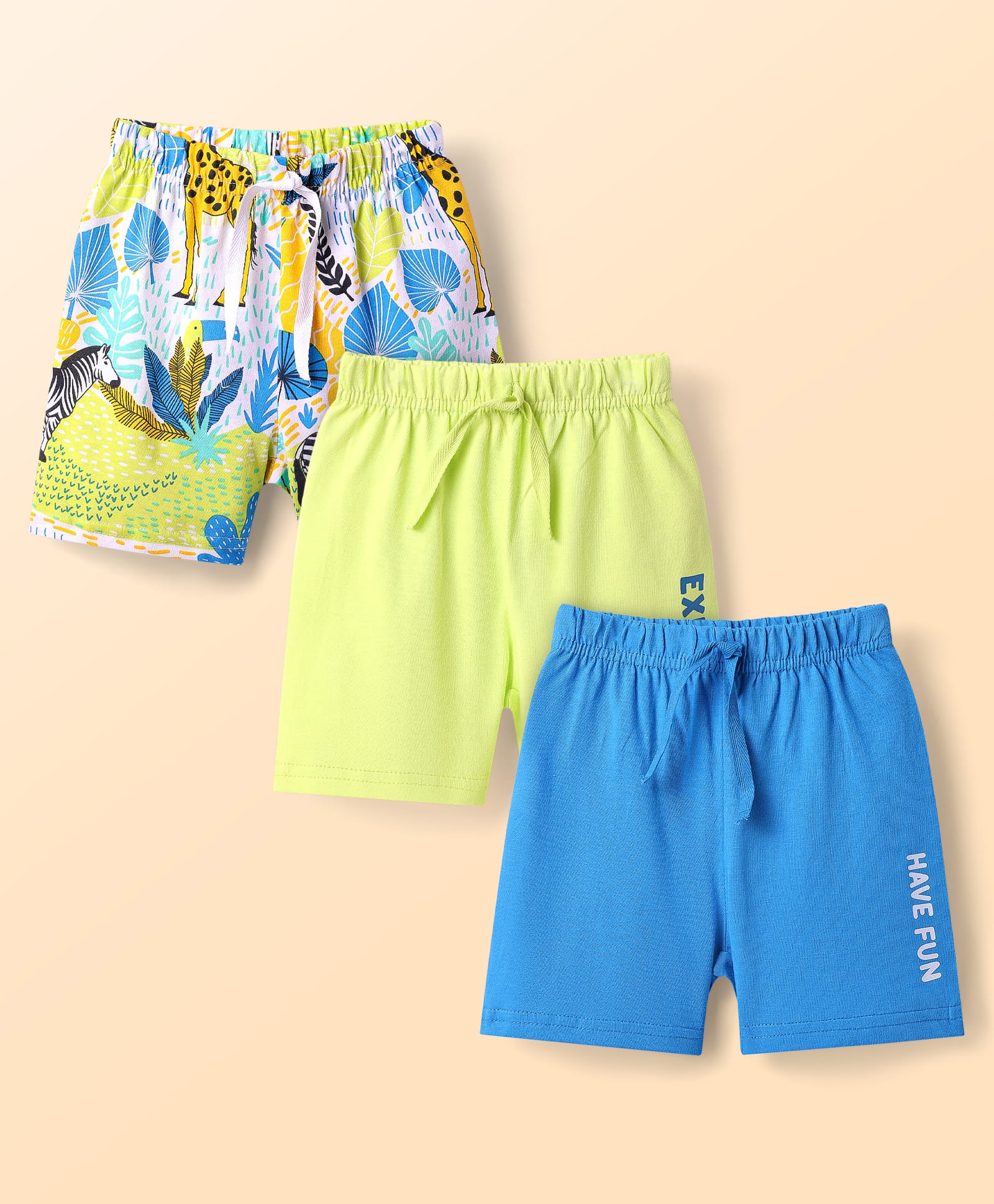 Babyhug Cotton Knit Mid Thigh Length Shorts with Jungle Theme Print Pack of 3 - Blue White & Neon Green-picture-10
