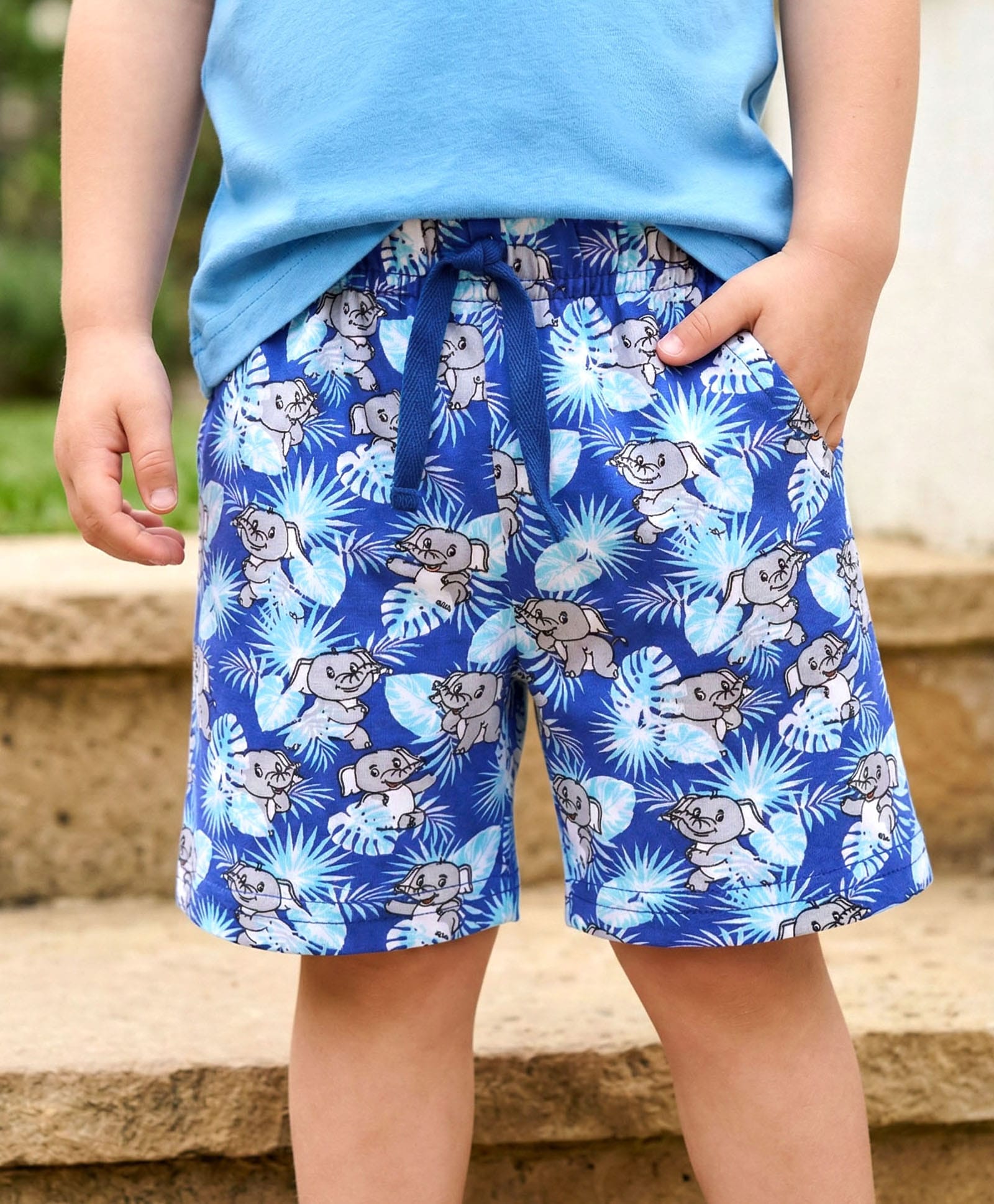 Babyhug Cotton Knit Mid Thigh Length Shorts with Elephant Print - Blue-picture-27