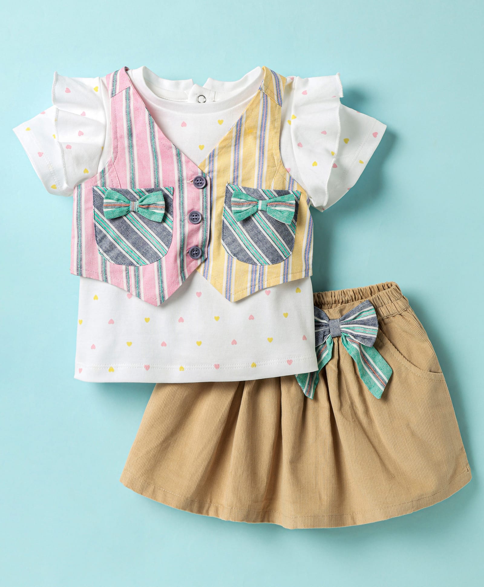 ToffyHouse Knitted Half Sleeves Heart Printed Top & Skirt Set with Striped Waistcoat & Bow Applique - Beige & White-image-48