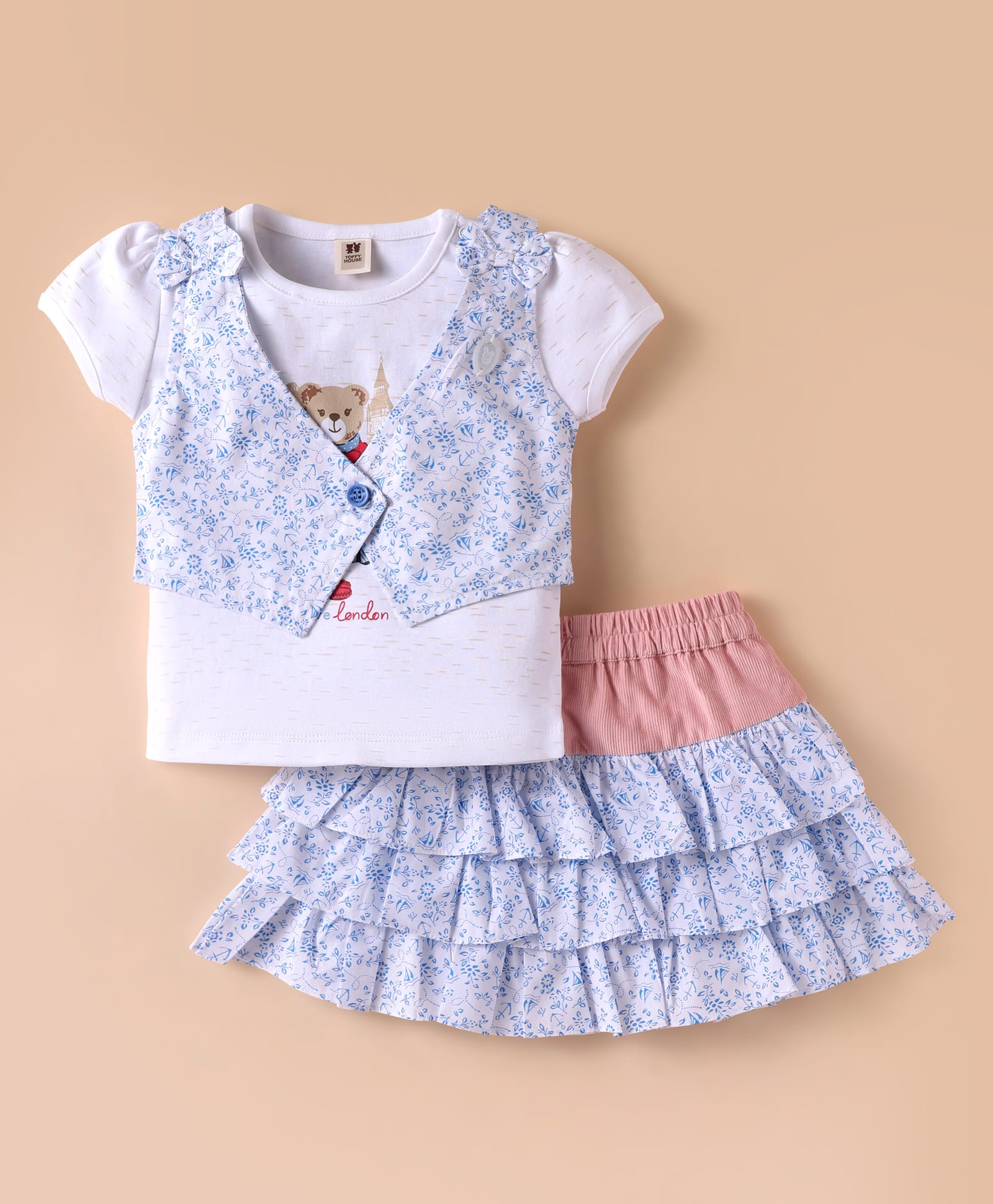 ToffyHouse Knitted Half Sleeves Top & Layered Skirt Set with Waistcoat Bow Applique & Floral Print - Light Blue & White-picture-35