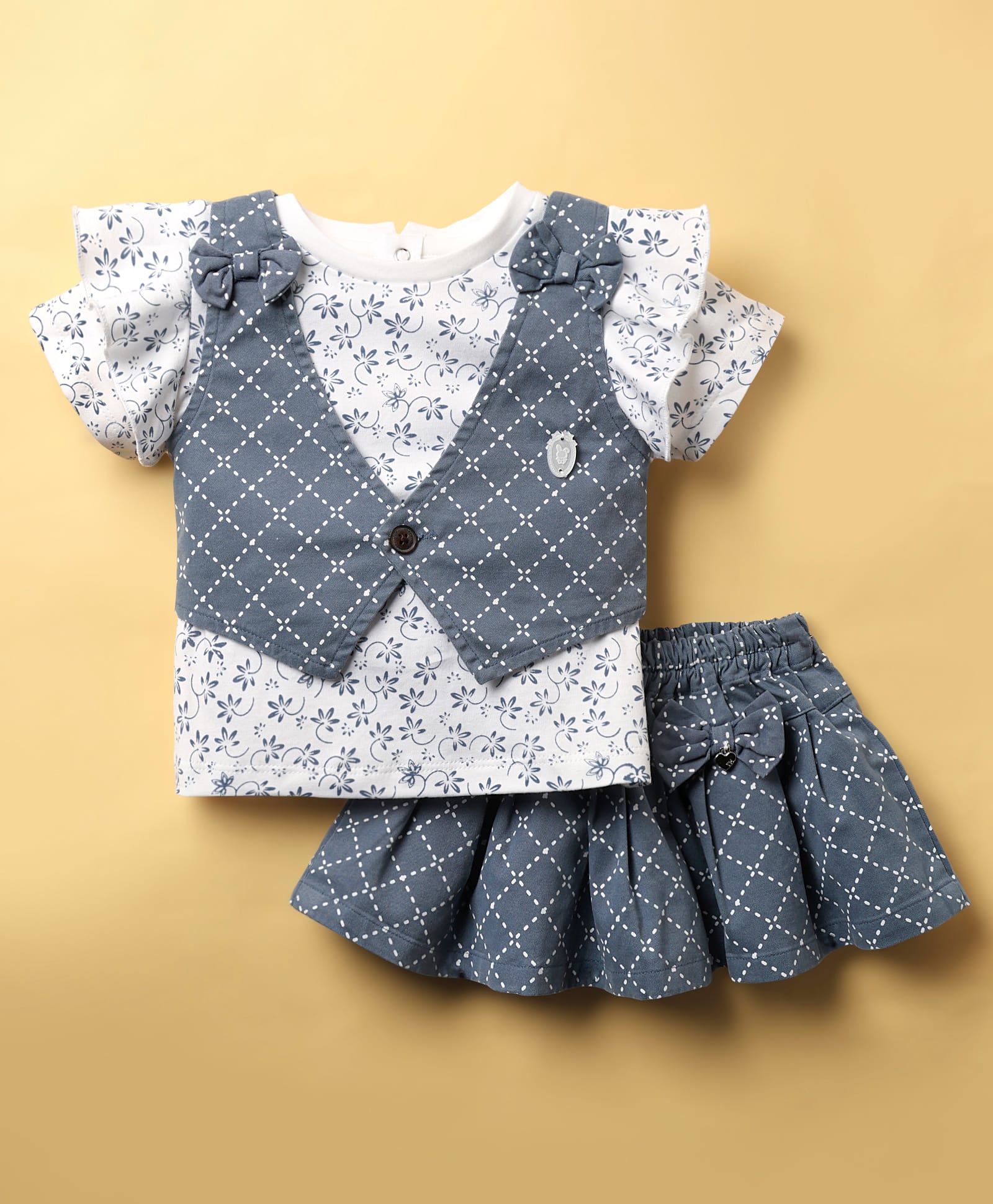 ToffyHouse Knit Half Sleeves Top & Skirt Set with Waistcoat Bow Applique & Floral Print - Navy Blue-image-40