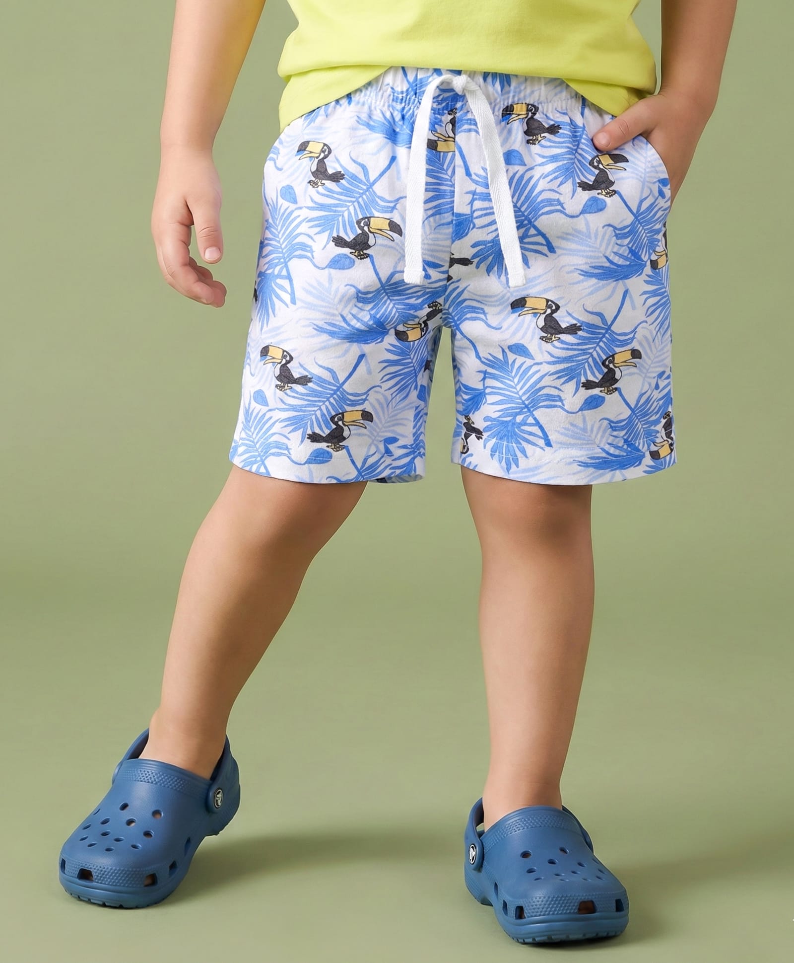 Babyhug Single Jersey Knit Mid Thigh Shorts With Bird & Leaf Print - White-image-37
