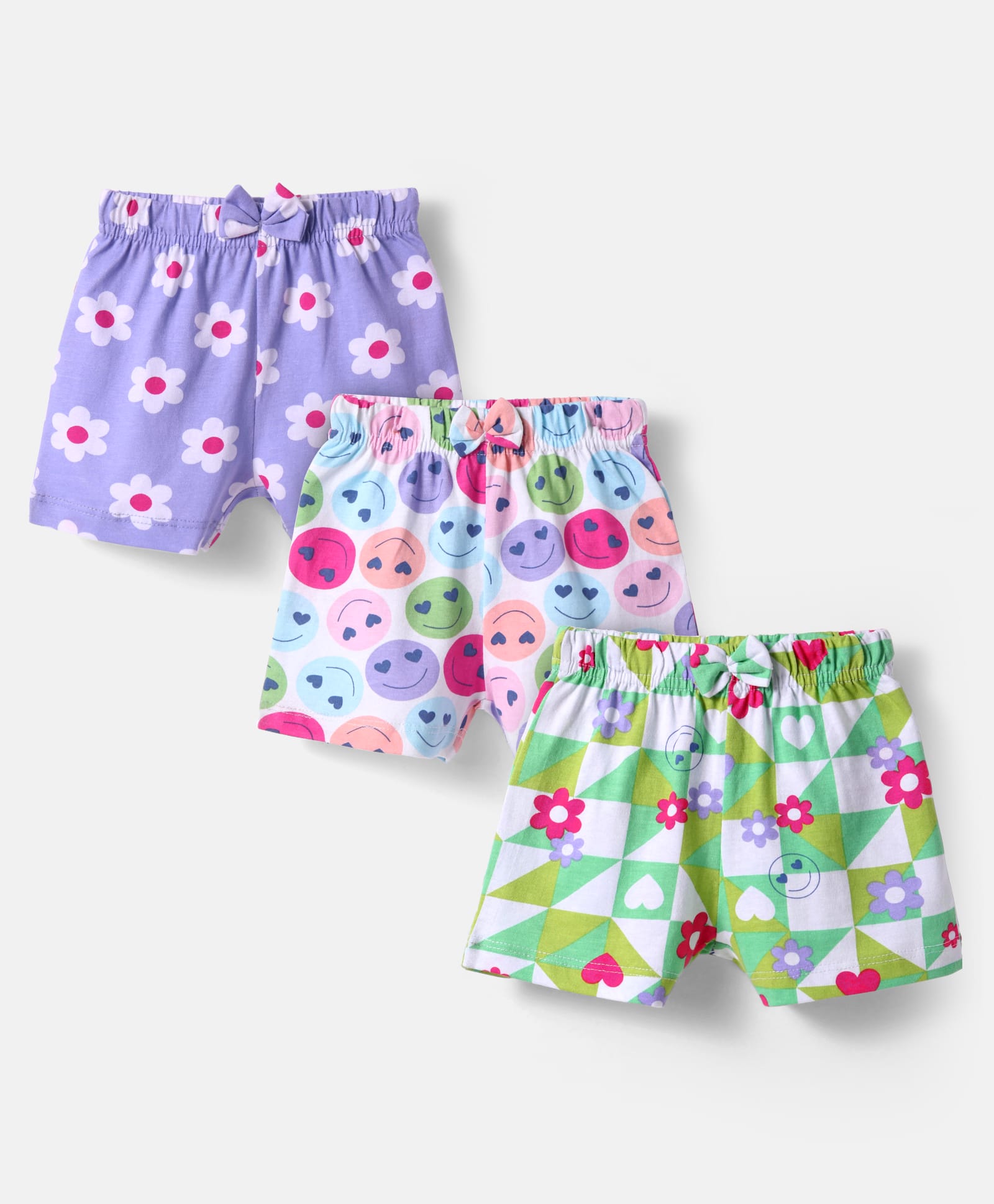 Babyhug Cotton Knit Mid Thigh Length Shorts with Floral & Smiley Print & Bow Applique Pack of 3 - White Green & Lavender-image-22