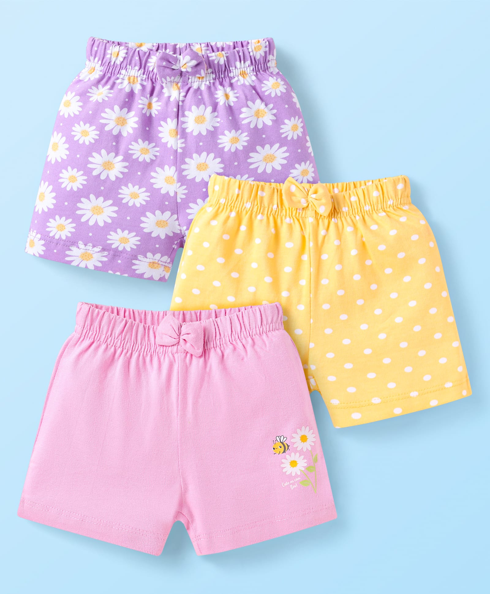Babyhug Single Jersey Knit Mid Thigh Shorts with Polka Dot Floral Print & Bow Applique Pack Of 3 - Pink Purple & Yellow-image-17