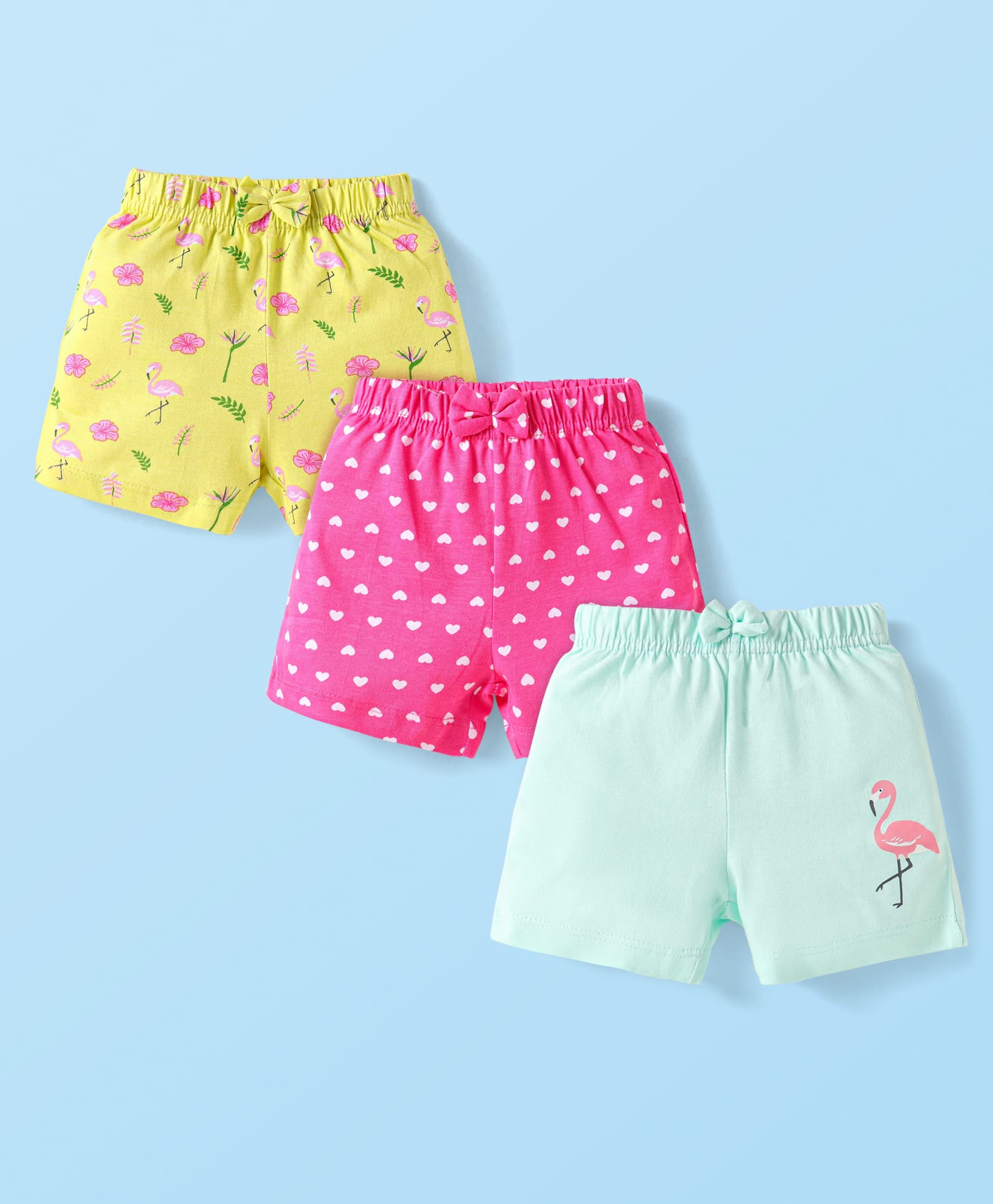 Babyhug Cotton Knit Mid Thigh Hearts Floral & Birds Printed Shorts with Bow Applique Pack of 3 - Dark Pink Yellow & Light Blue-picture-20
