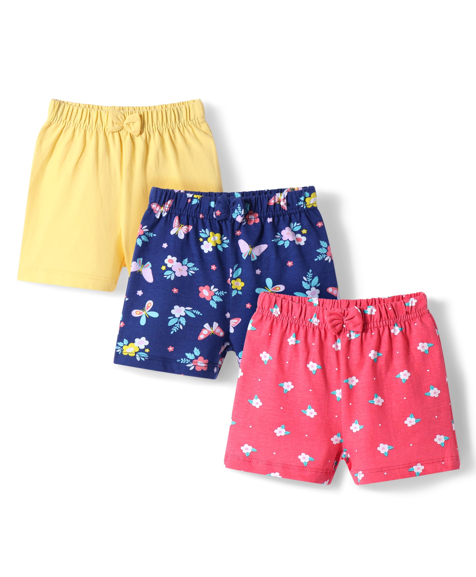 Babyhug Cotton Knit Mid Thigh Length Shorts with Floral Print & Bow Applique Pack of 3 - Red Yellow & Navy Blue-image-37