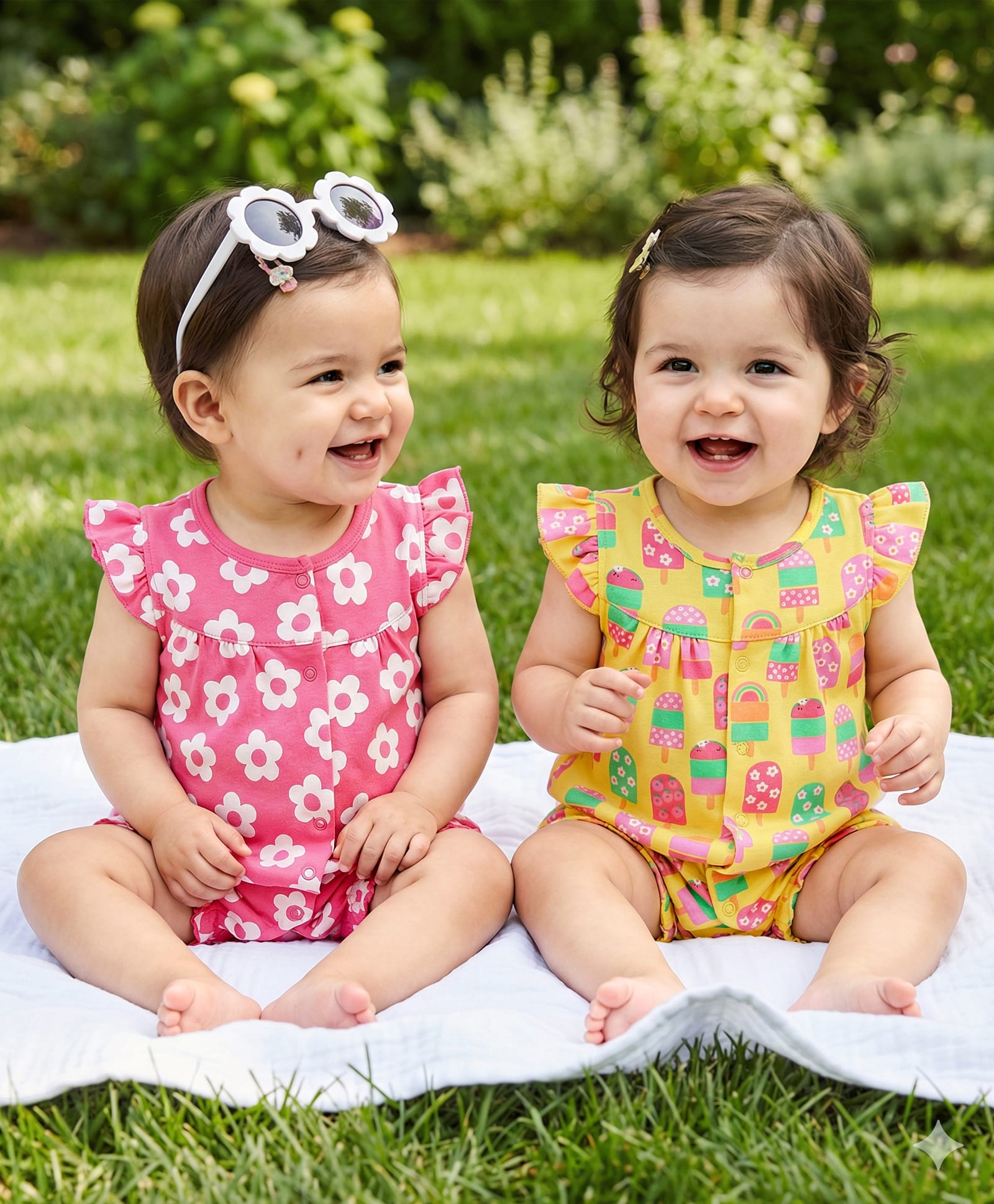 Babyhug Interlock Knit Frill Sleeves Romper With Floral & Tropical Print Pack of 2 - Pink & Yellow-image-15