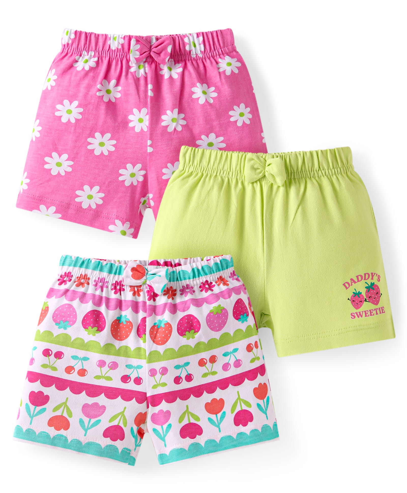 Babyhug Single Jersey Knit Mid Thigh Shorts Floral Print Pack of 3 - Pink Lime Green & White-image-45