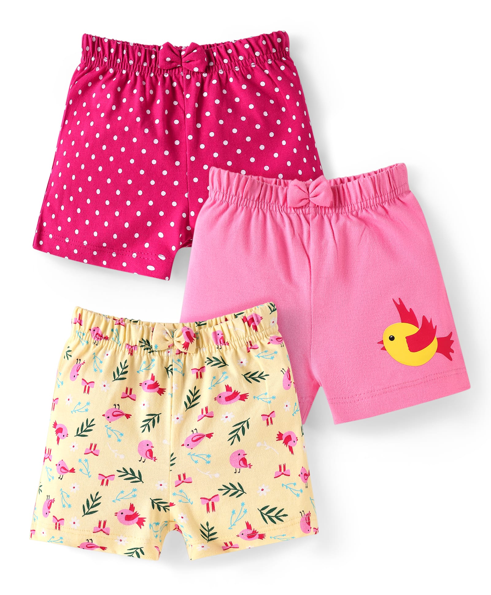 Babyhug Single Jersey Knit Mid Thigh Shorts with Polka Dots & Bird Print with Bow Applique Pack of 3 - Pink Beige & Dark Pink-image-46