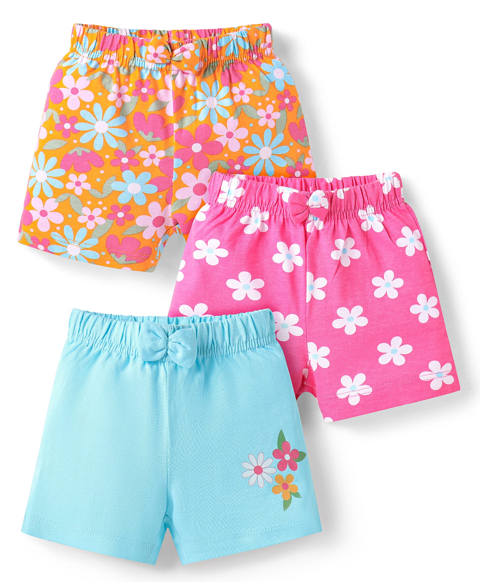 Babyhug Single Jersey Knit Mid Thigh Shorts with Floral Print & Bow Applique Pack Of 3 - Pink Orange & Light Blue