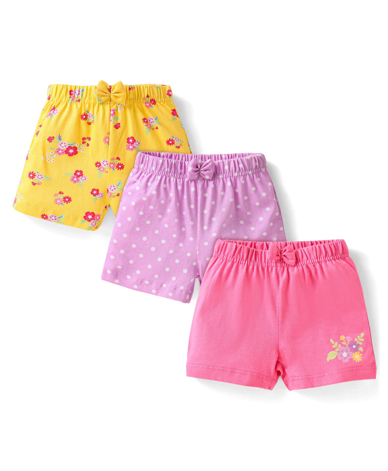 Babyhug Cotton Knit Mid Thigh Floral & Polka Dots Printed Shorts with Bow Applique Pack of 3 - Pink Yellow & Lavender-image-27