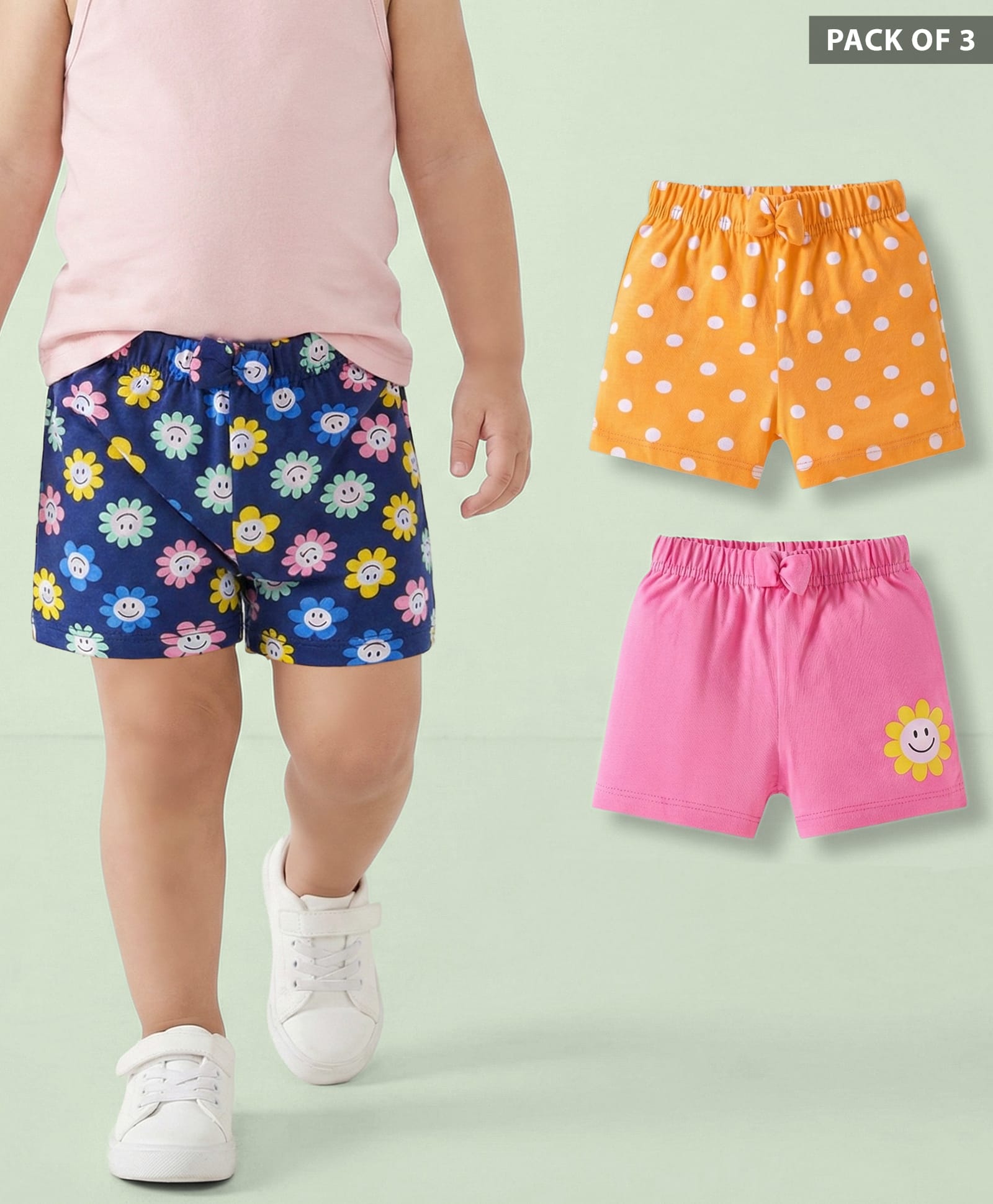 Babyhug Single Jersey Knit Mid Thigh Shorts with Polka Dot Floral Print & Bow Applique Pack of 3 - Pink Navy & Orange-image-16
