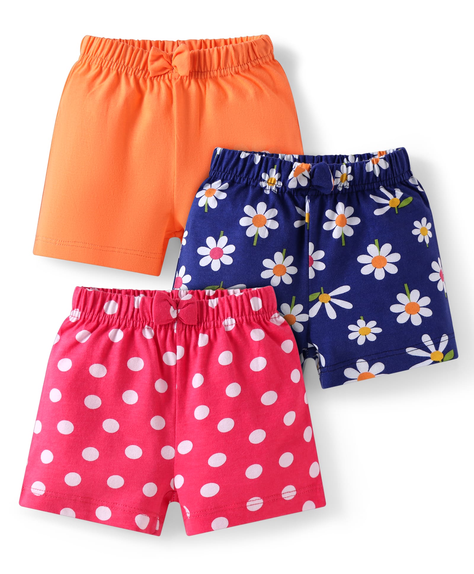 Babyhug Cotton Knit Mid Thigh Polka Dots & Floral Printed Shorts with Bow Applique Pack of 3 - Navy Blue Pink & Orange-picture-10