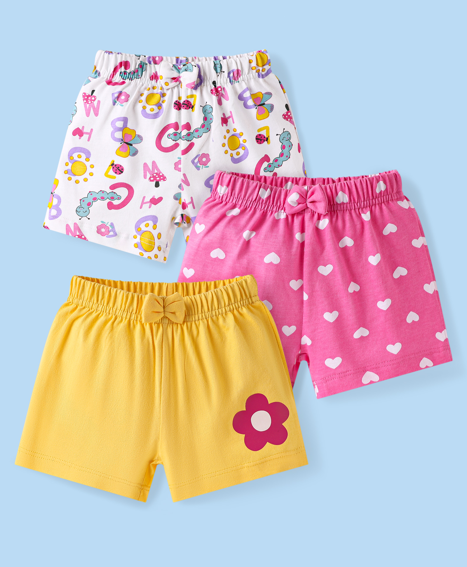 Babyhug Single Jersey Knit Mid Thigh Shorts Floral & Hearts Print Pack of 3 - Pink Yellow & White-picture-15