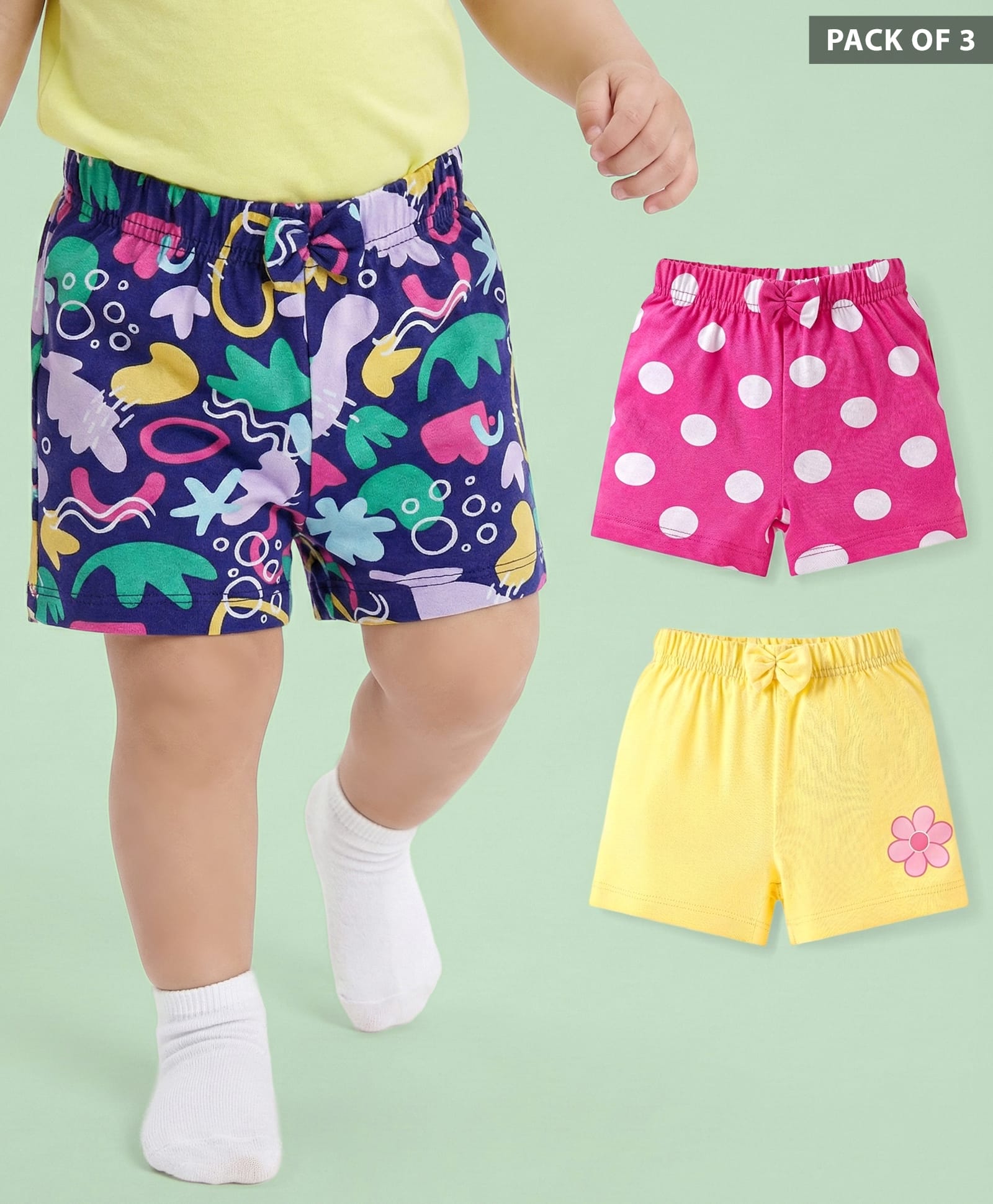 Babyhug Cotton Single Jersey Knit Mid Thigh Shorts With Floral & Polka Dot Print Pack of 3 - Pink Navy & Yellow-picture-13