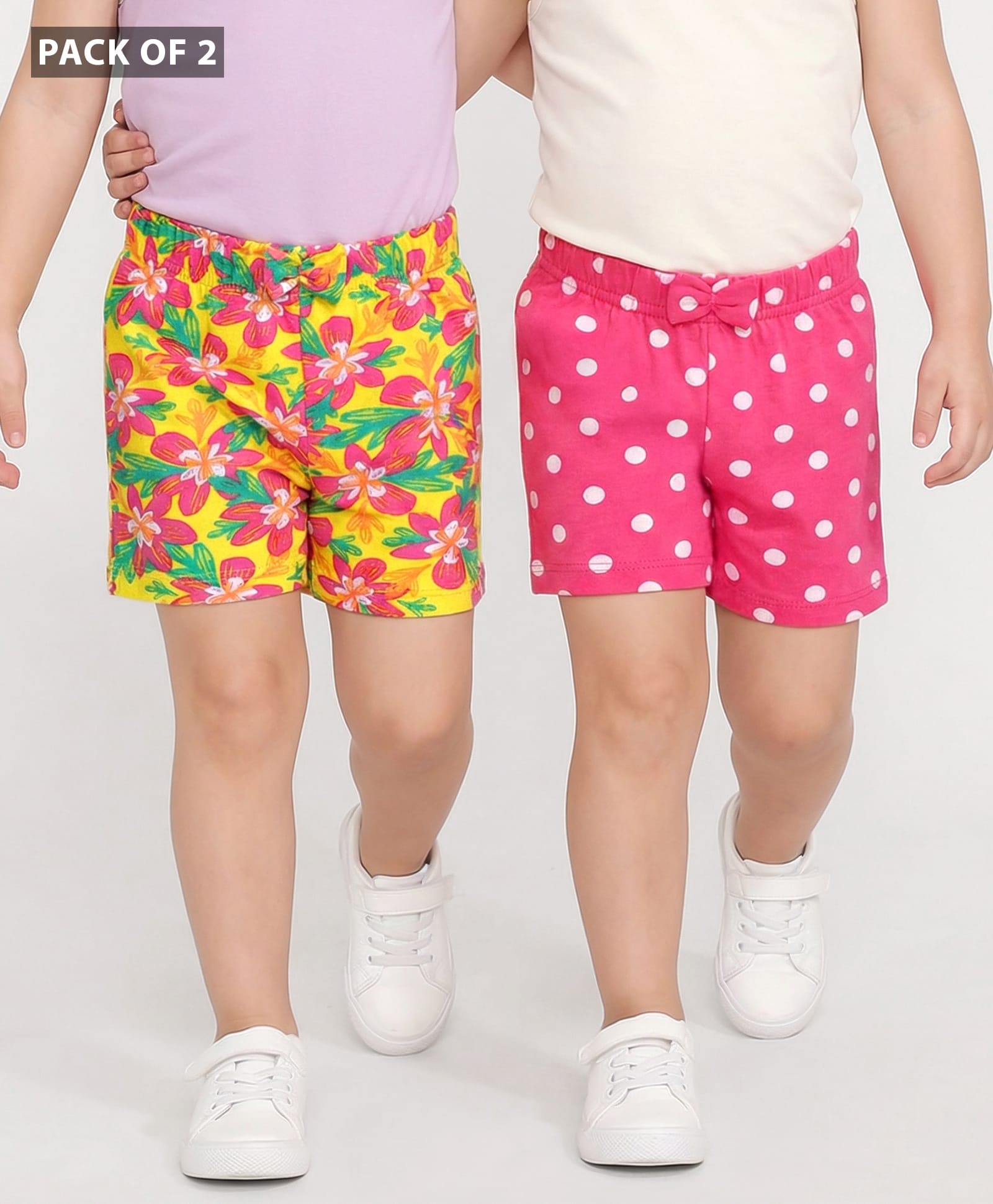 Babyhug Cotton Knit Mid Thigh Length Polka Dots & Floral Printed Shorts with Bow Applique Pack of 2 - Dark Pink & Yellow-picture-12