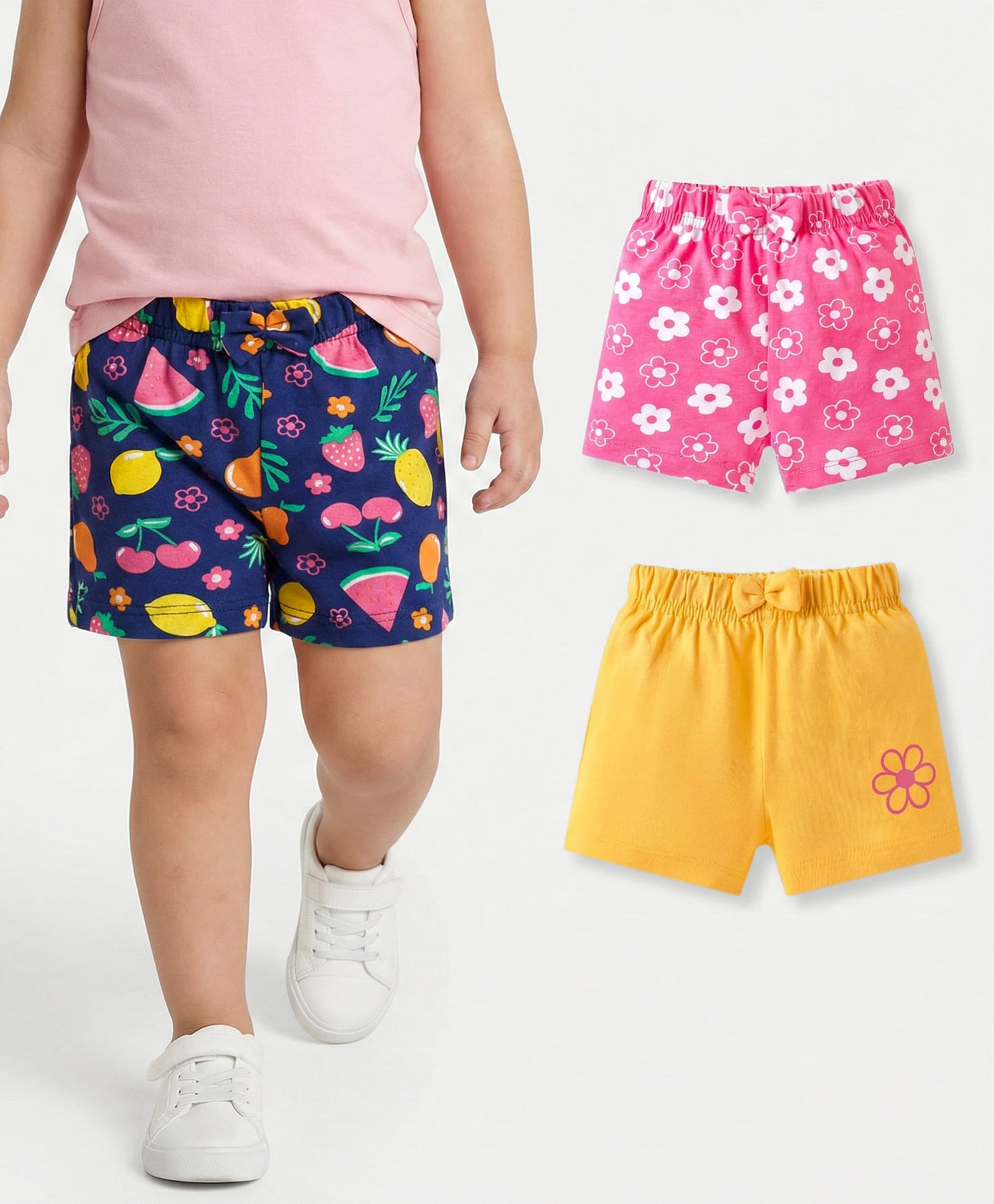 Babyhug Cotton Single Jersey Knit Mid Thigh Tropical Theme Printed Shorts with Bow Applique Pack of 3 - Pink Yellow & Navy Blue-picture-15