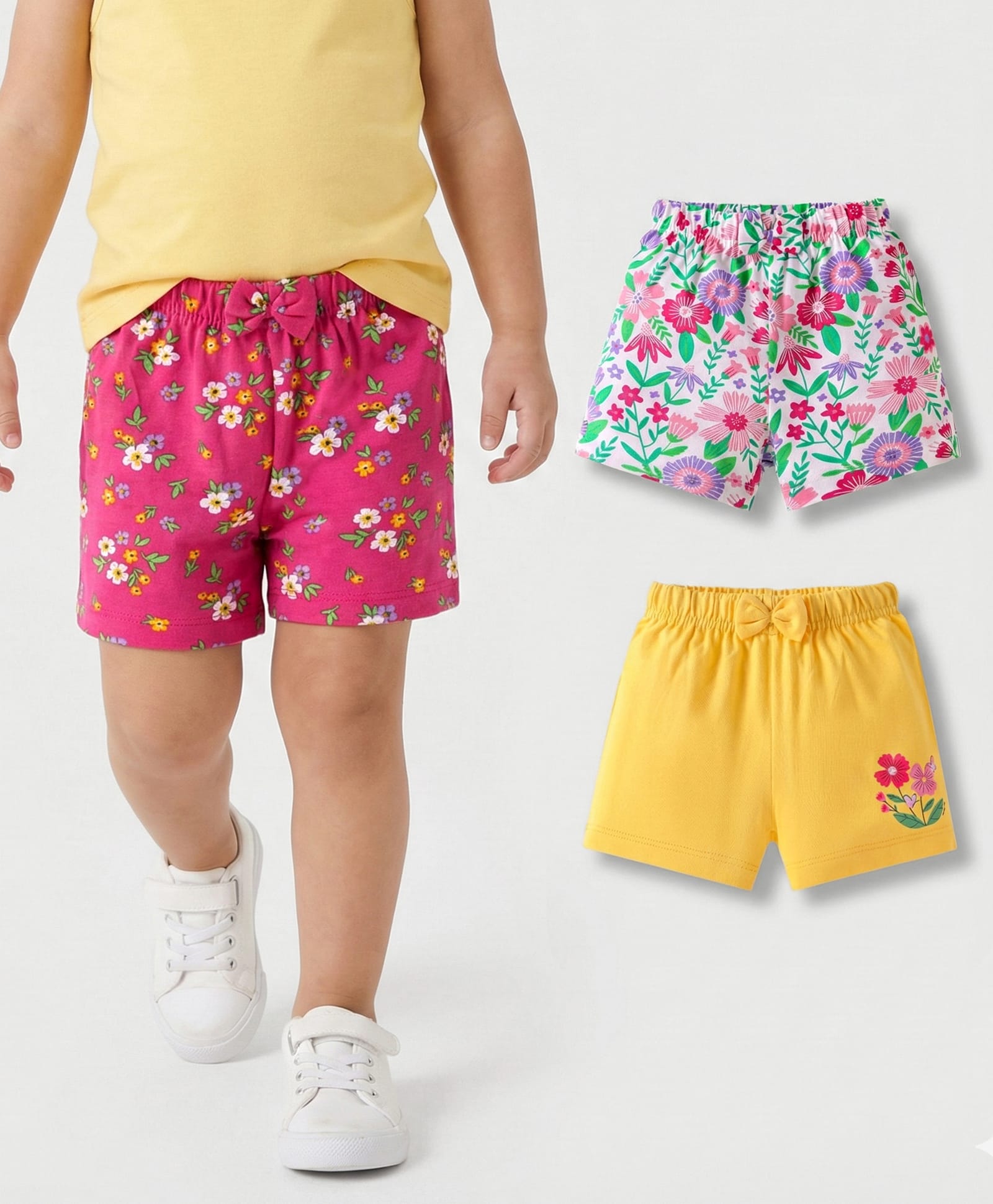 Babyhug Single Jersey Knit Mid Thigh Shorts Floral Print Pack of 3 - Dark Pink Yellow & White-picture-28