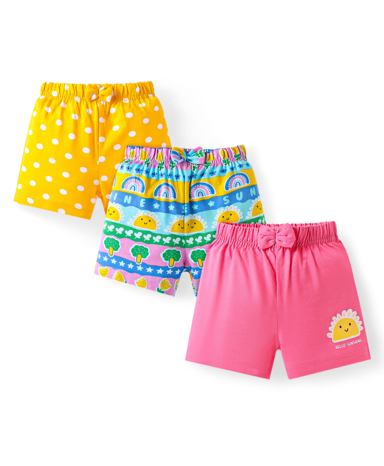 Babyhug Cotton Single Jersey Knit Mid Thigh Polka Dots & Tropical Theme Printed Shorts with Bow Applique Pack of 3 - Pink Yellow & Blue