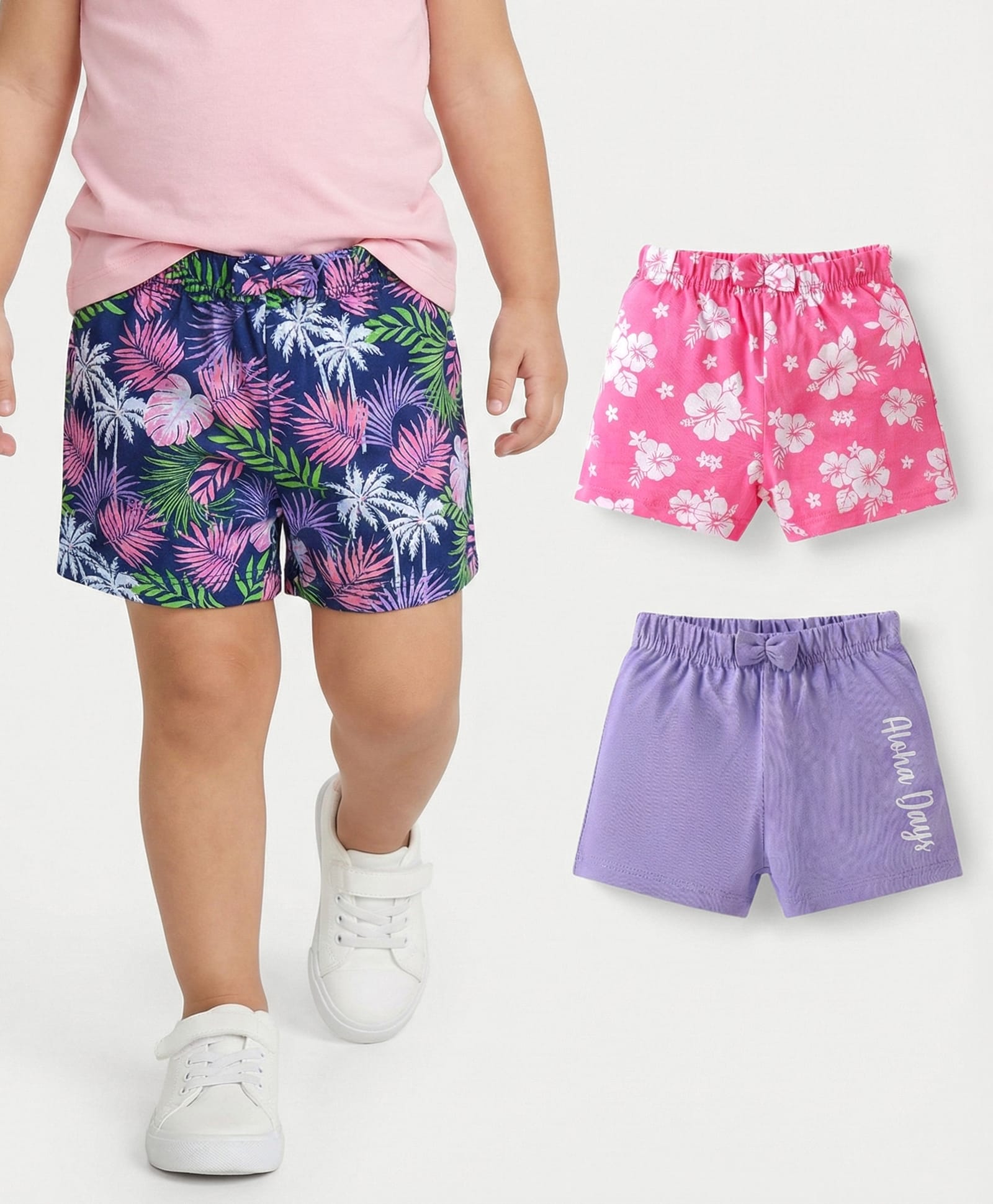 Babyhug Cotton Knit Mid Thigh Length Shorts with Tropical Theme Print & Bow Applique Pack of 3 - Pink Navy Blue & Lilac-picture-26