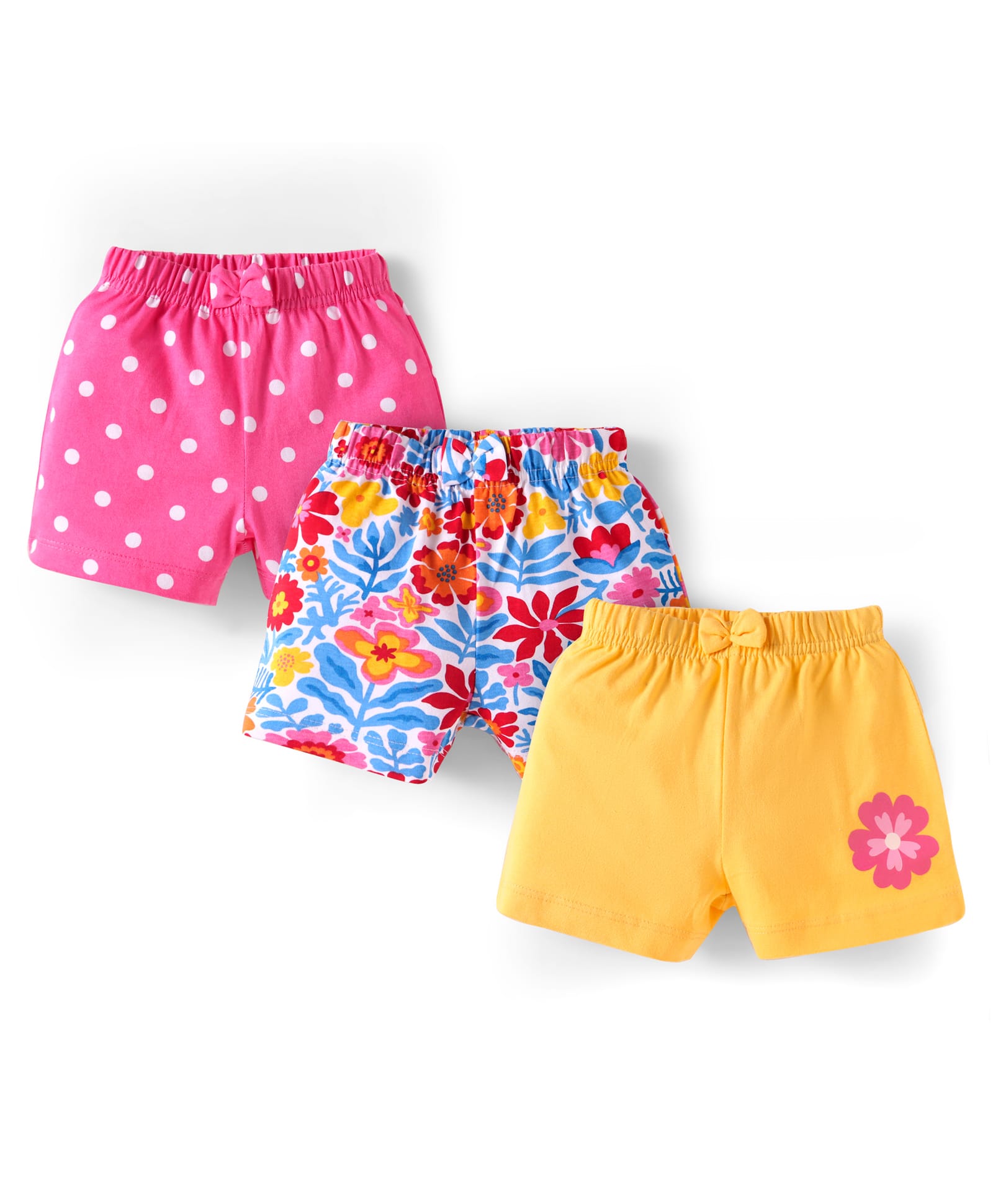 Babyhug Cotton Knit Mid Thigh Shorts with Floral & Polka Dot Print & Bow Applique Pack of 3 - Pink & Yellow-picture-12