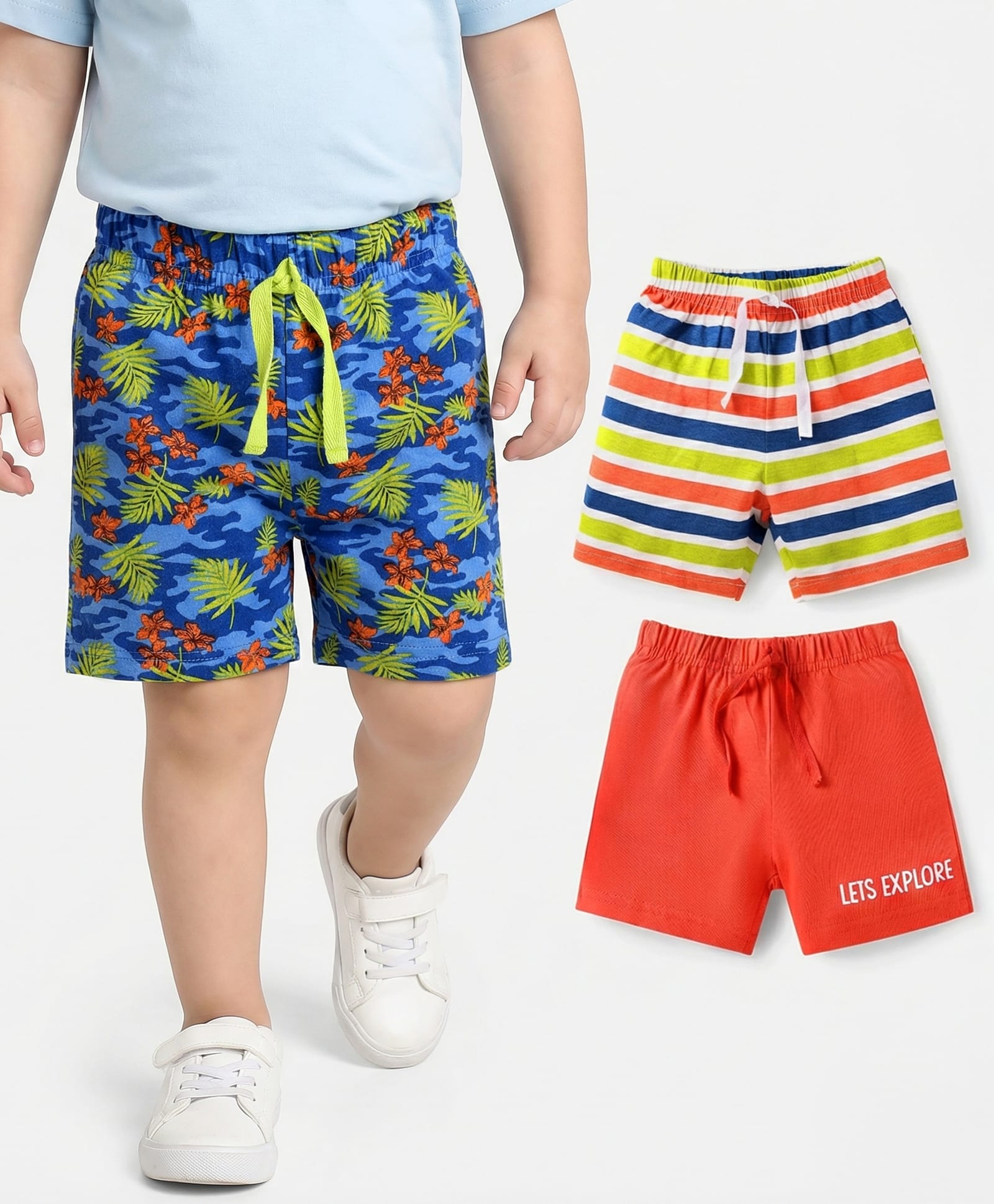 Babyhug Cotton Knit Mid Thigh Length Shorts with Tropical Theme Print & Stripes Pack of 3 - Red Blue & Light Green-image-33