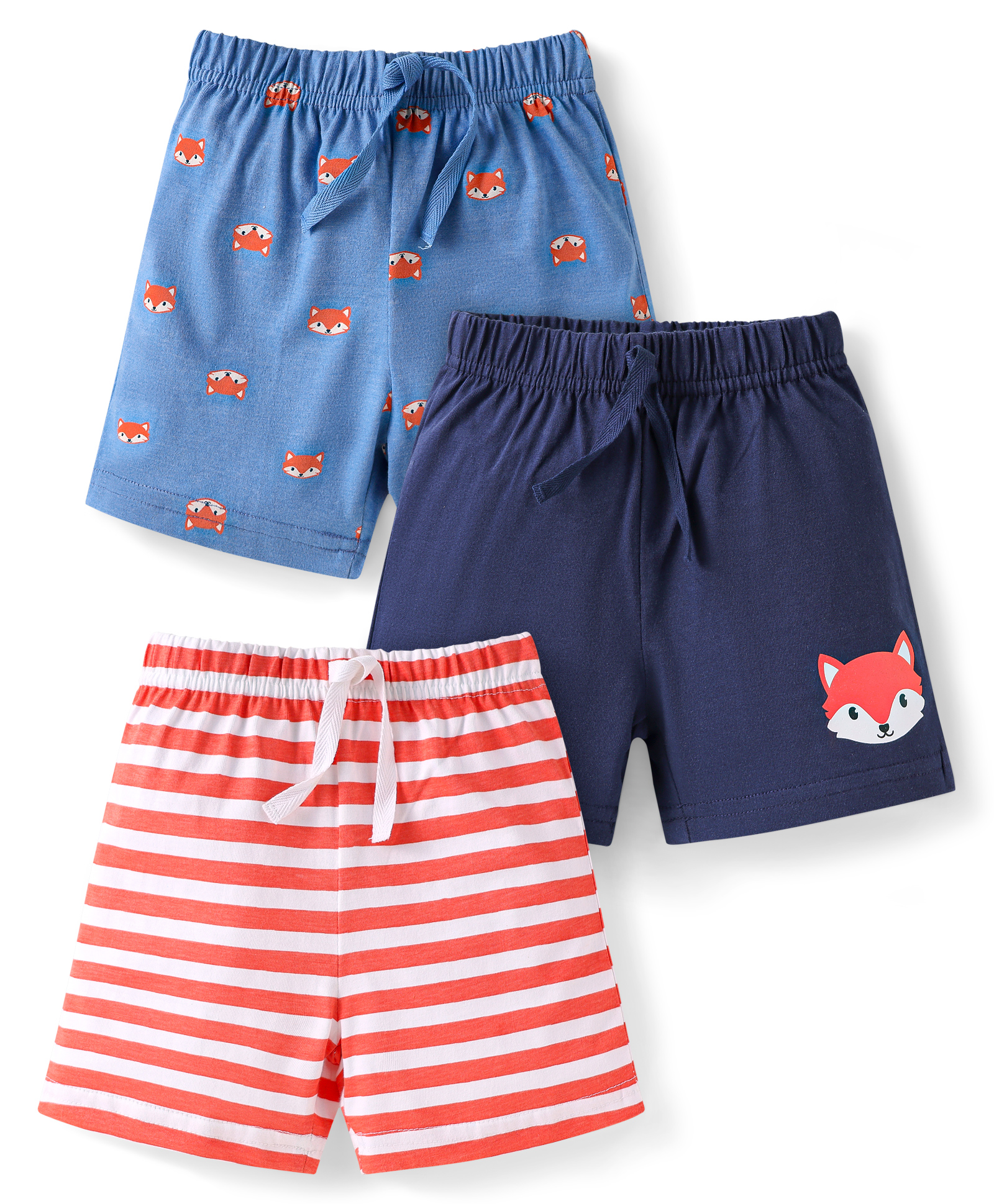Babyhug Cotton Knit Mid Thigh Shorts with Fox Print & Stripes Pack of 3 - Red Light & Navy Blue