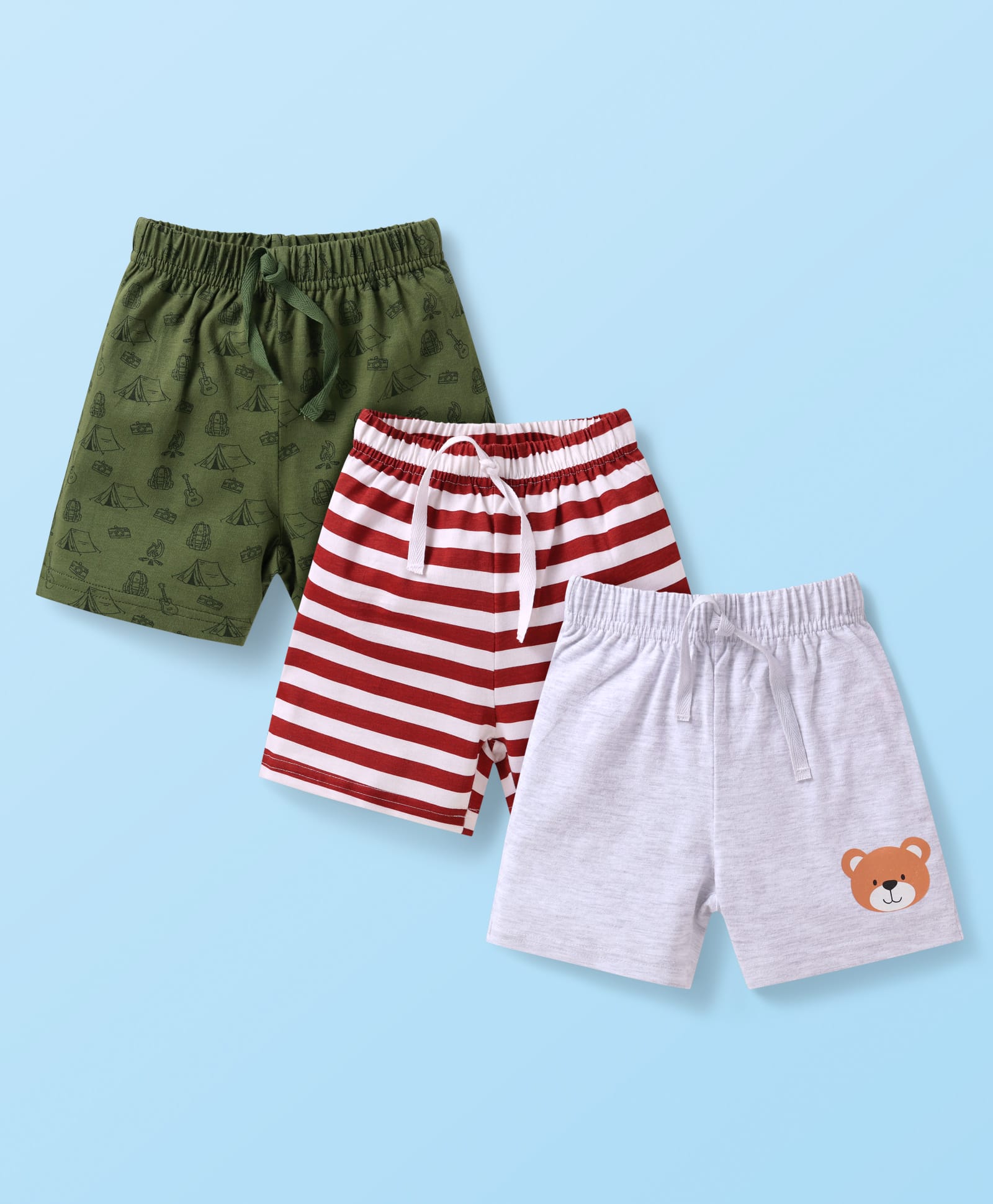 Babyhug Cotton Knit Mid Thigh Shorts with Bear Print & Stripes Pack of 3 - Green Maroon & Grey-picture-28