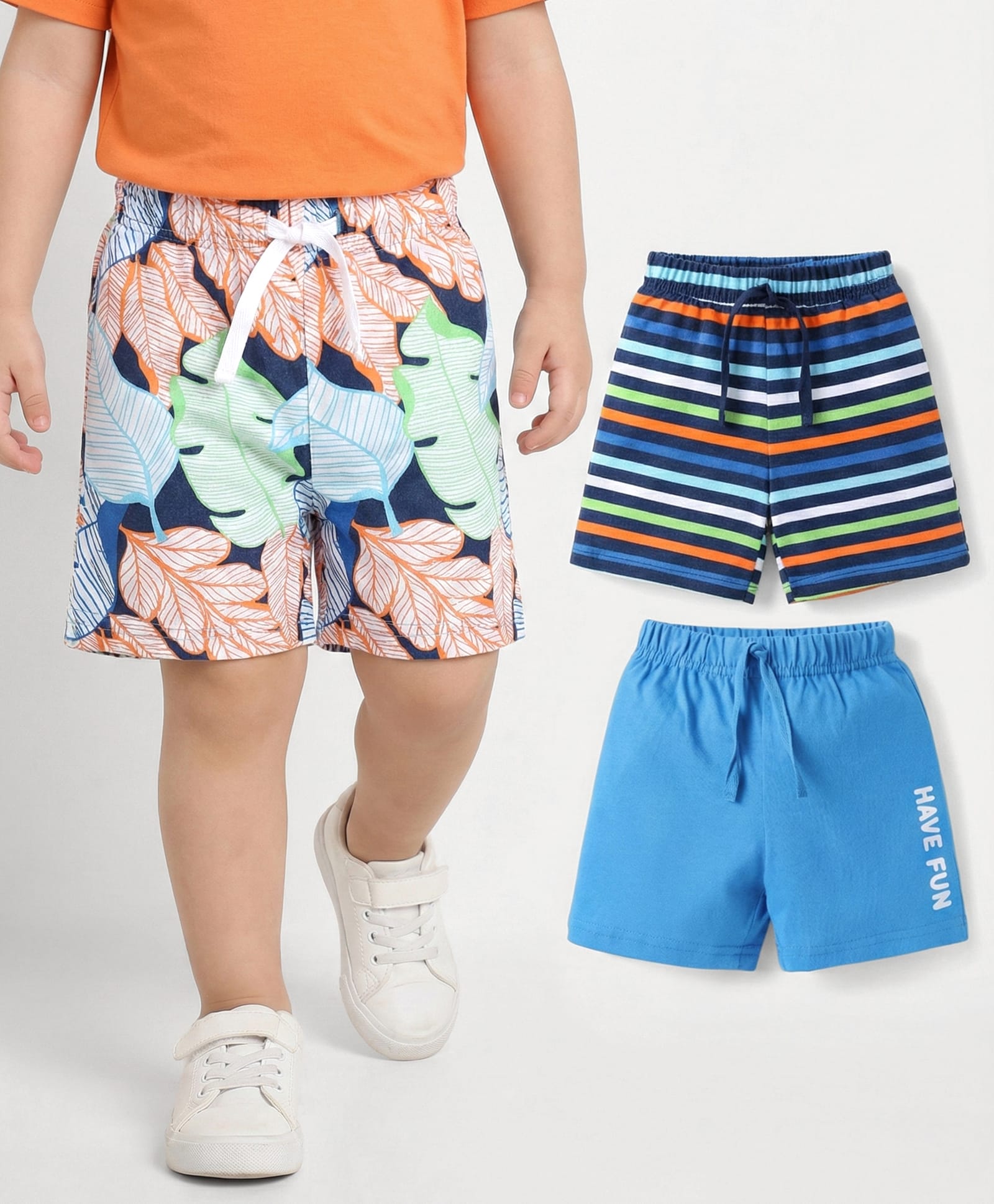 Babyhug Single Jersey Knit Shorts with Stripes & Tropical Print Pack of 3 - Black & Blue-image-47
