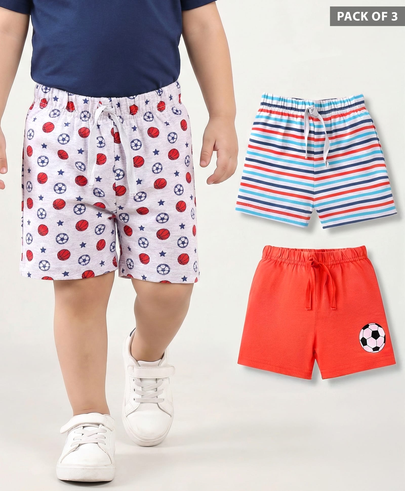 Babyhug Cotton Knit Mid Thigh Length Shorts with Stripes & Football Print Pack of 3 - White & Red-picture-23