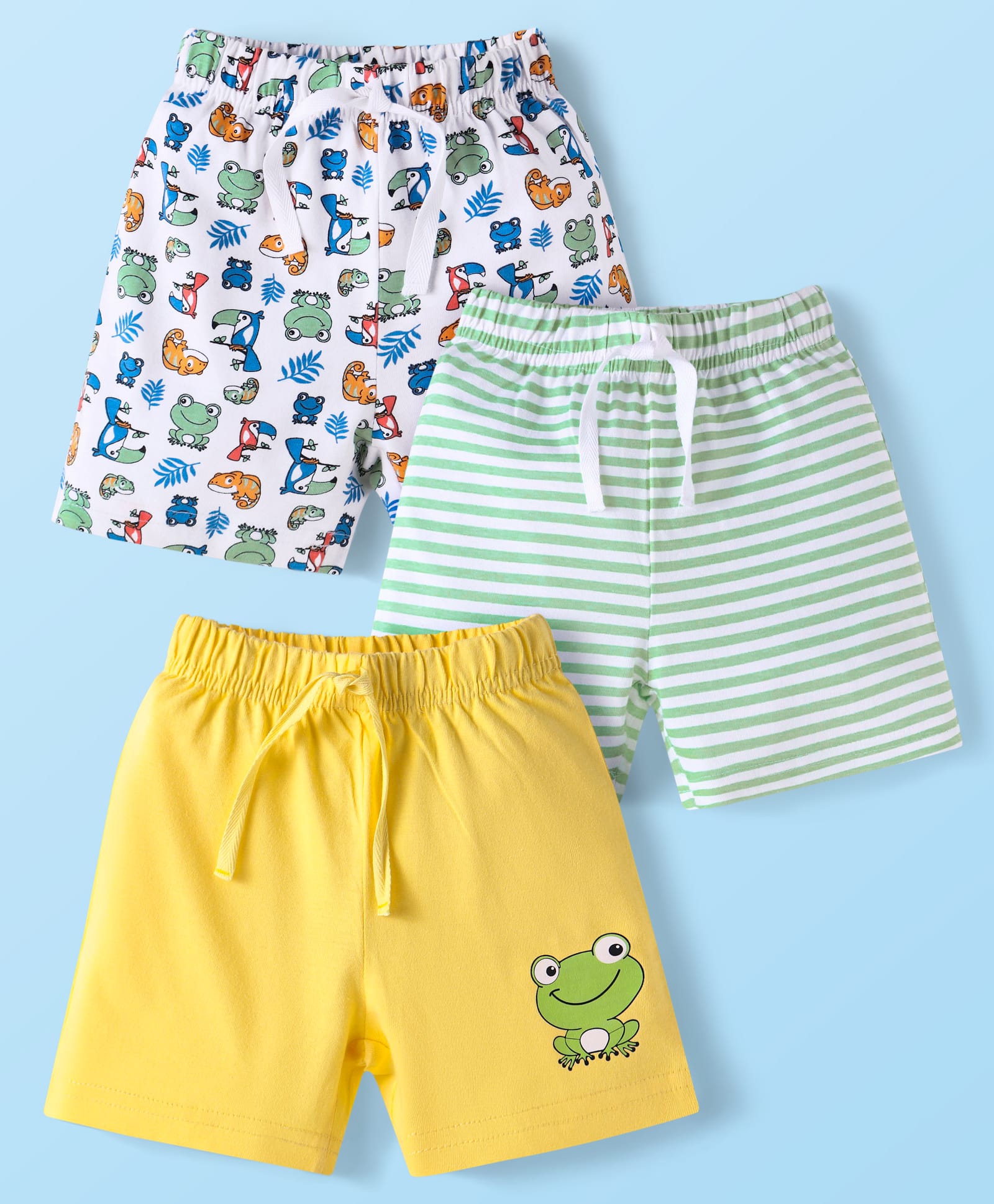 Babyhug Cotton Knit Mid Thigh Length Shorts with Stripes & Frog Print Pack of 3 - White & Yellow-image-30