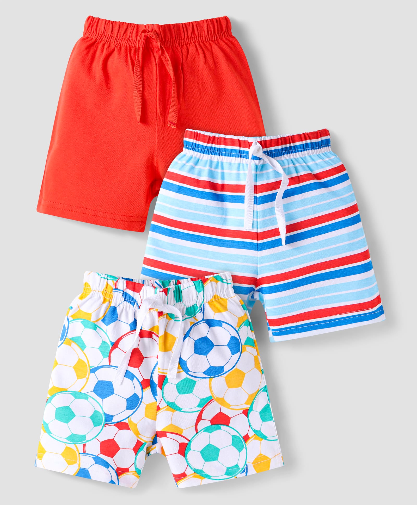 Babyhug Single Jersey Shorts with Stripes & Football Print Pack of 3- Red & Blue-image-36