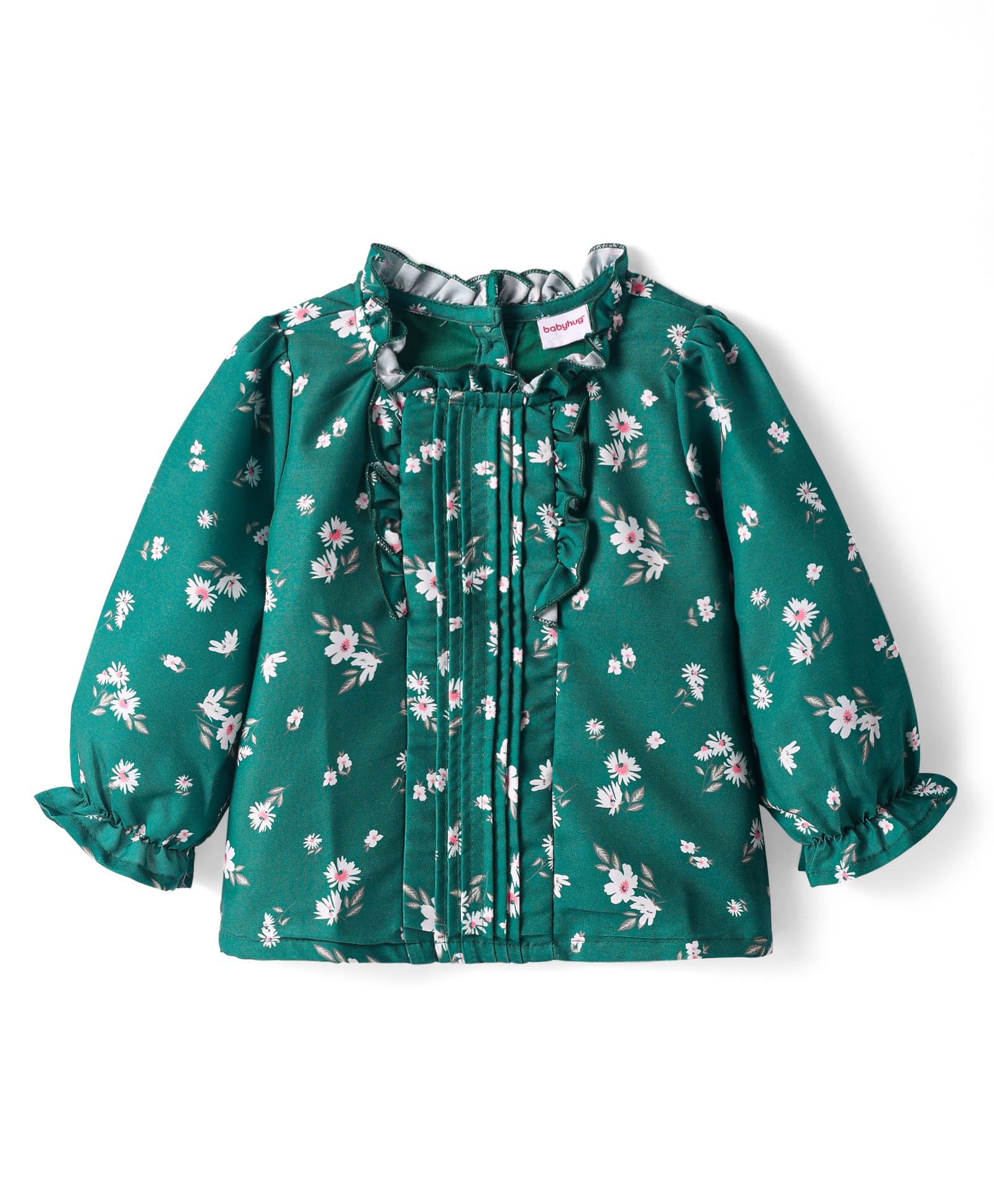 Babyhug Woven Full Sleeves Floral Printed Top with Frill Detailing - Green-image-16