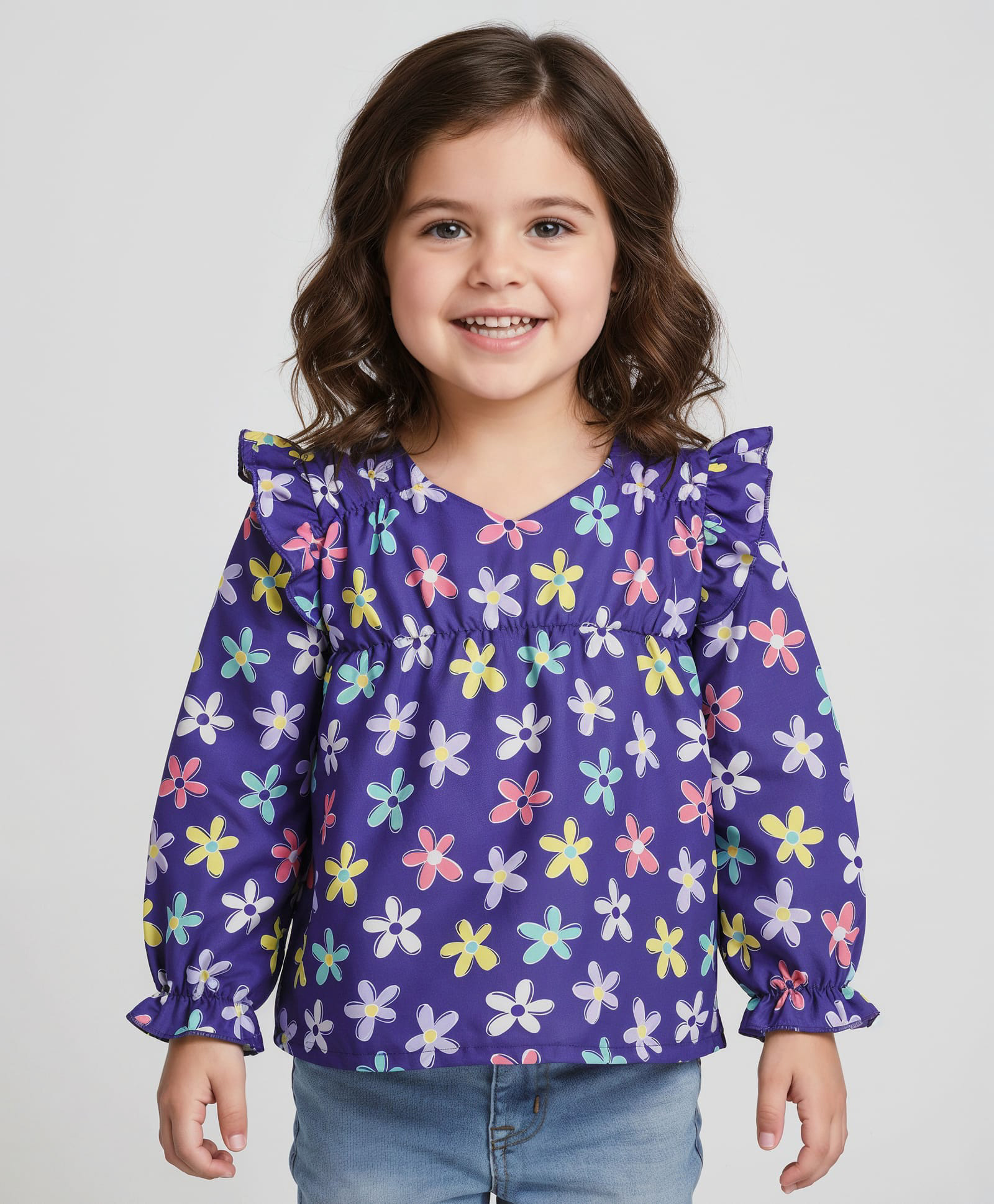 Babyhug Woven Full Peasant Sleeves Top With Floral Print & Frill Detailing - Blue-image-4