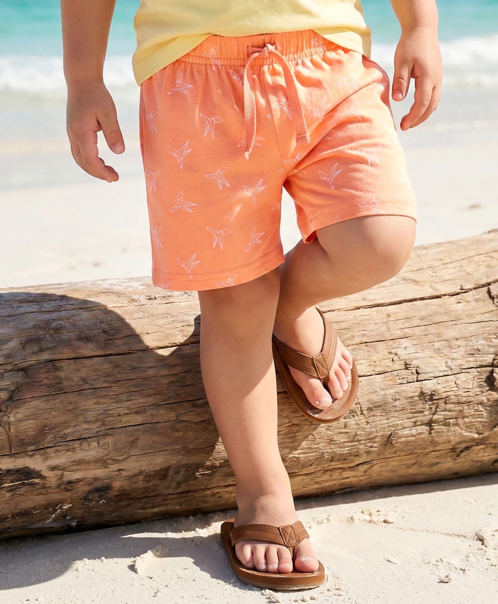 Babyhug Cotton Knit Mid Thigh Length Shorts with Paper Bird Print - Orange-image-3