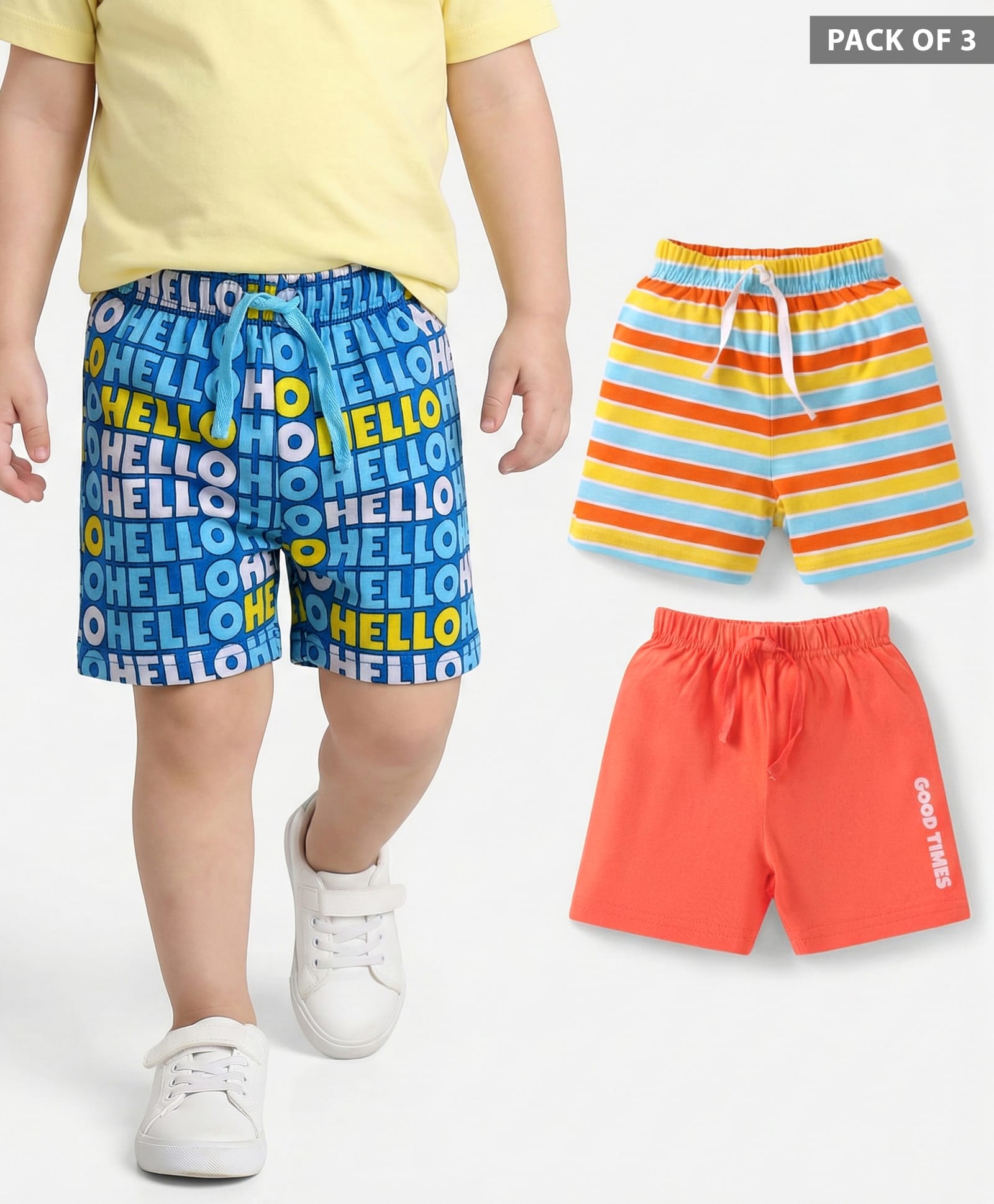 Babyhug Cotton Single Jersey Knit Mid Thigh Shorts with Text Print & Stripes Pack of 3 - Orange Yellow & Blue-picture-20