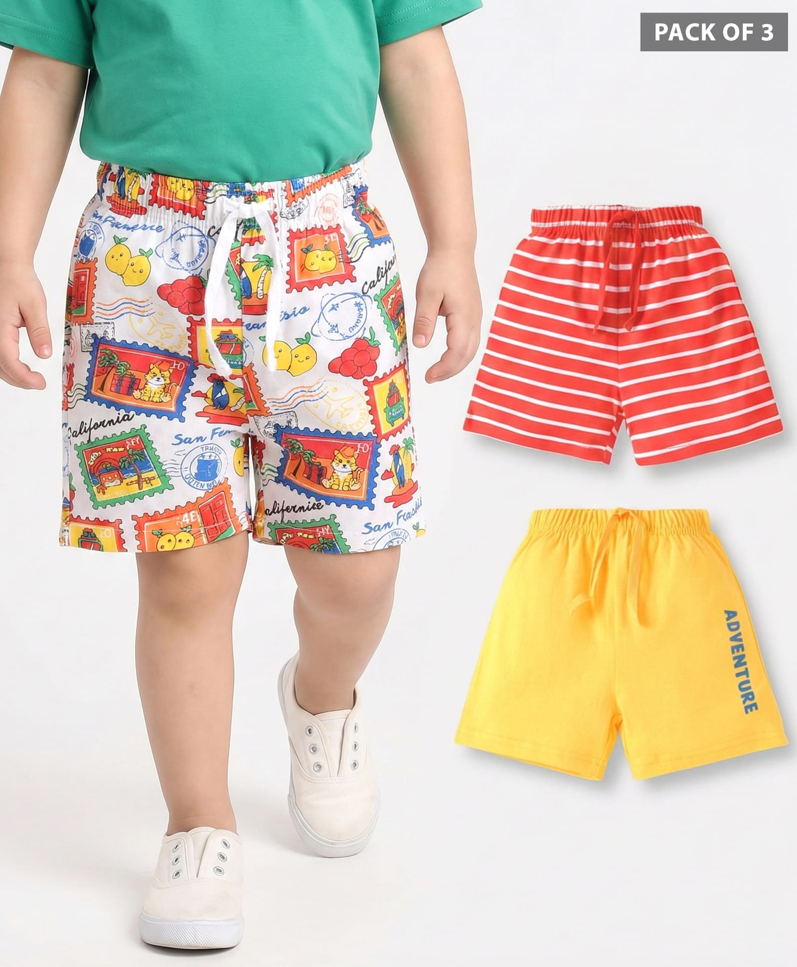 Babyhug Cotton Single Jersey Knit Mid Thigh Striped Shorts with Text & Adventure Theme Print Pack of 3 - Yellow White & Red-picture-28