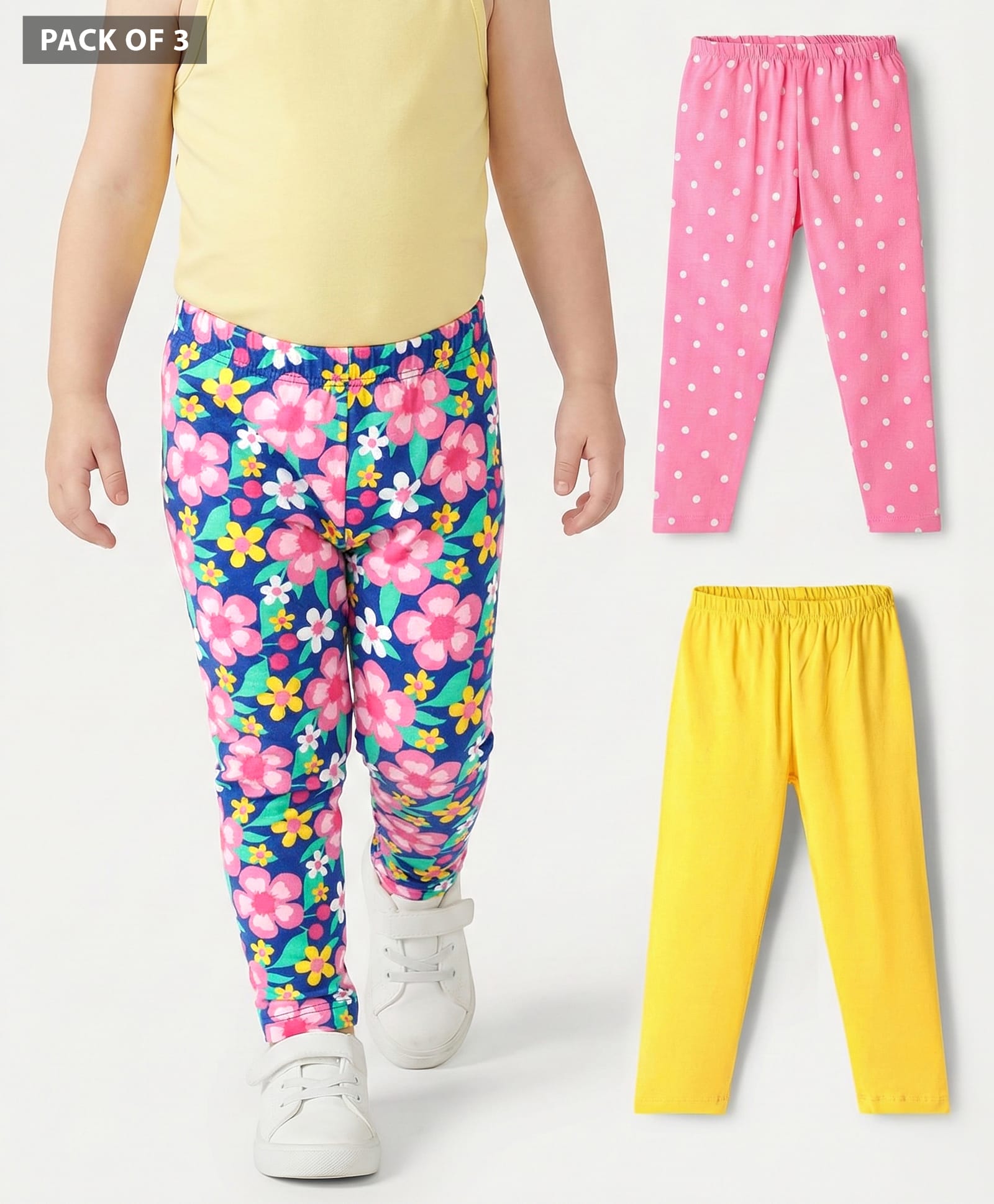 Babyhug Cotton Knit Full Length Leggings With Polka Dots & Floral Print Pack Of 3 - Yellow Pink & Blue-image-33
